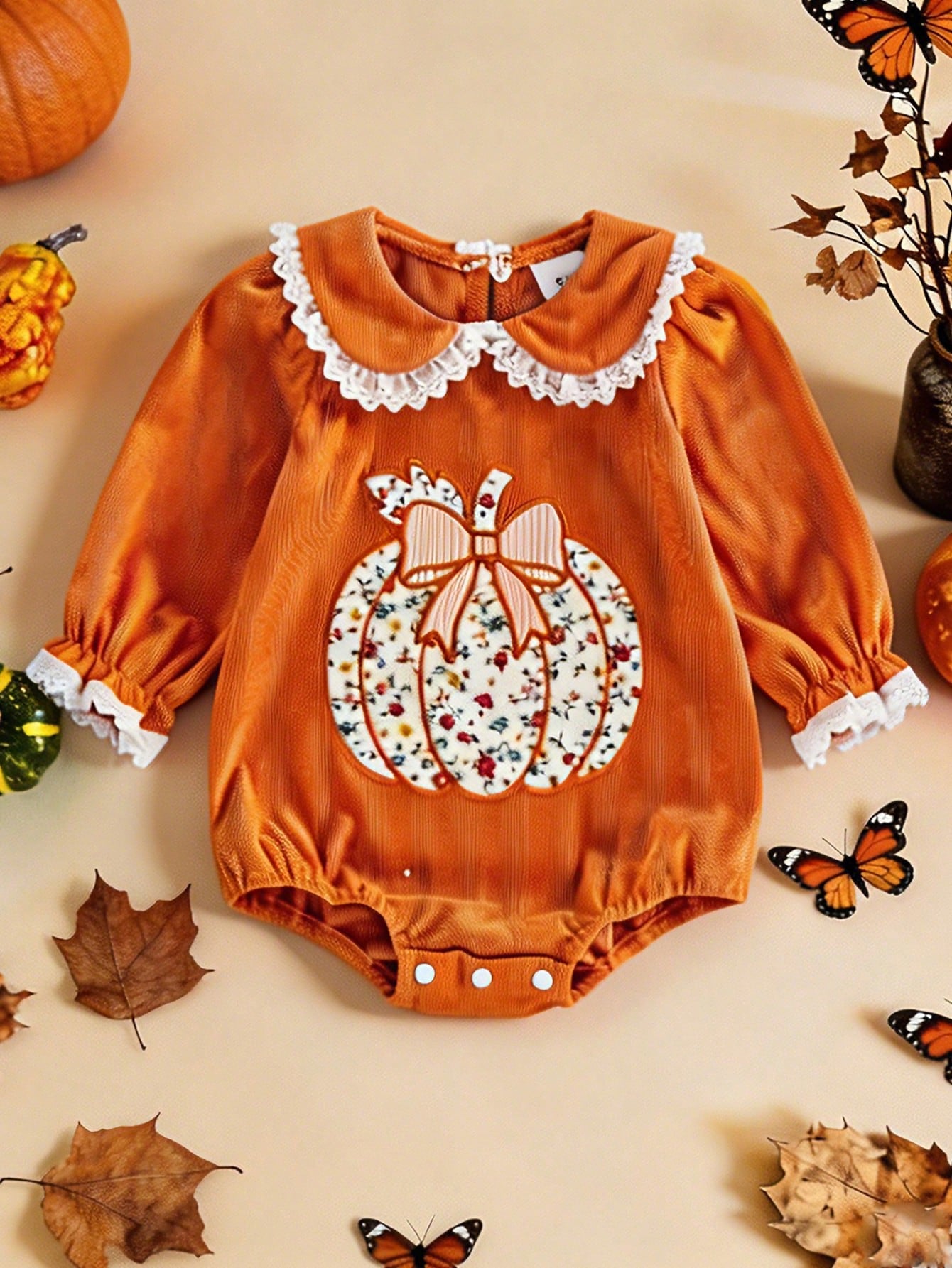 0-18M Newborn Baby Infant Baby Girls Fall Long Sleeve Peter Pan Eyelet Lace Collar Corduroy Bodysuit Floral Pumpkin Bow Patch