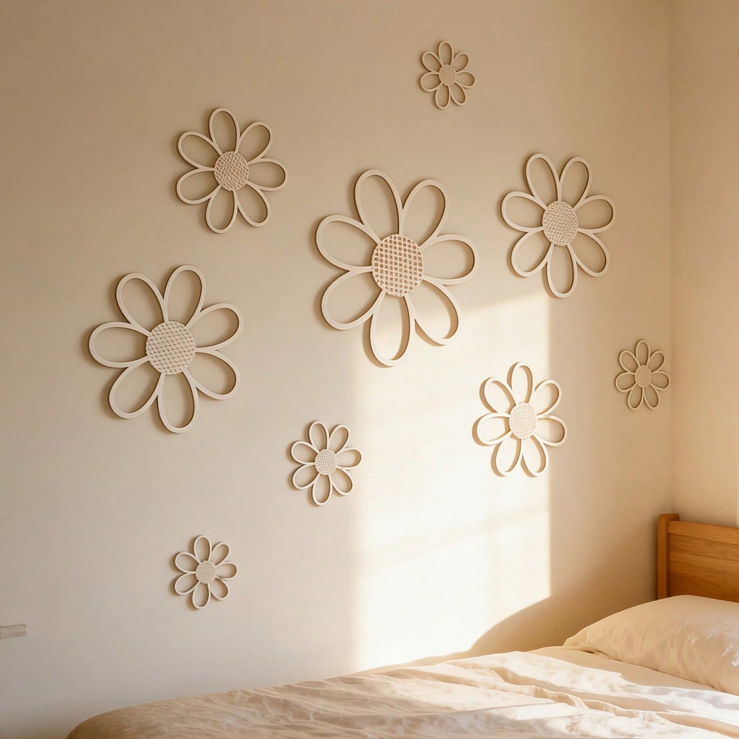 1 Set 7pcs 25/20/15cm Wooden Flower Wall Decals For Baby Room, Kids Room Wall Hanging Decor, Creative 3D Wall Decoration, Baby Bedroom Wall Decor