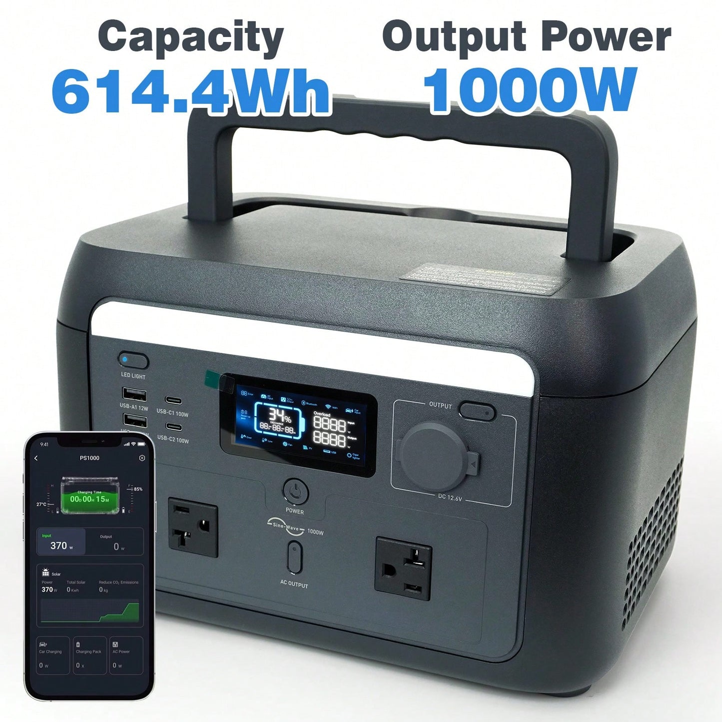 1000W/614.4Wh Portable Power Station- LiFePO4 Battery Power Generator, Super Fast Chaging Solar Generator, Emergency Power Source For Camping, Power Outage & Off-Grid, Home Emergency Backup, Outdoor