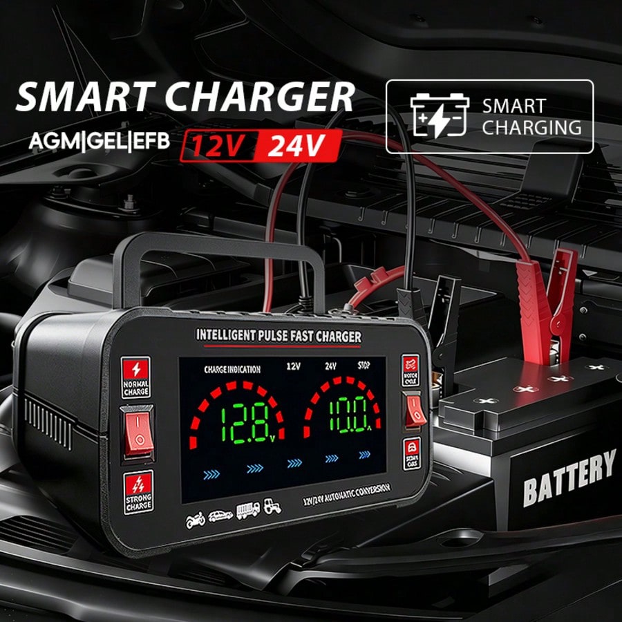 12V And 24V Smart Universal Battery Charger With LCD Display, Intelligent Maintenance, Temperature Compensation, Overcharge And Short Circuit Protection, Suitable For Intelligent Trickle Charging Main