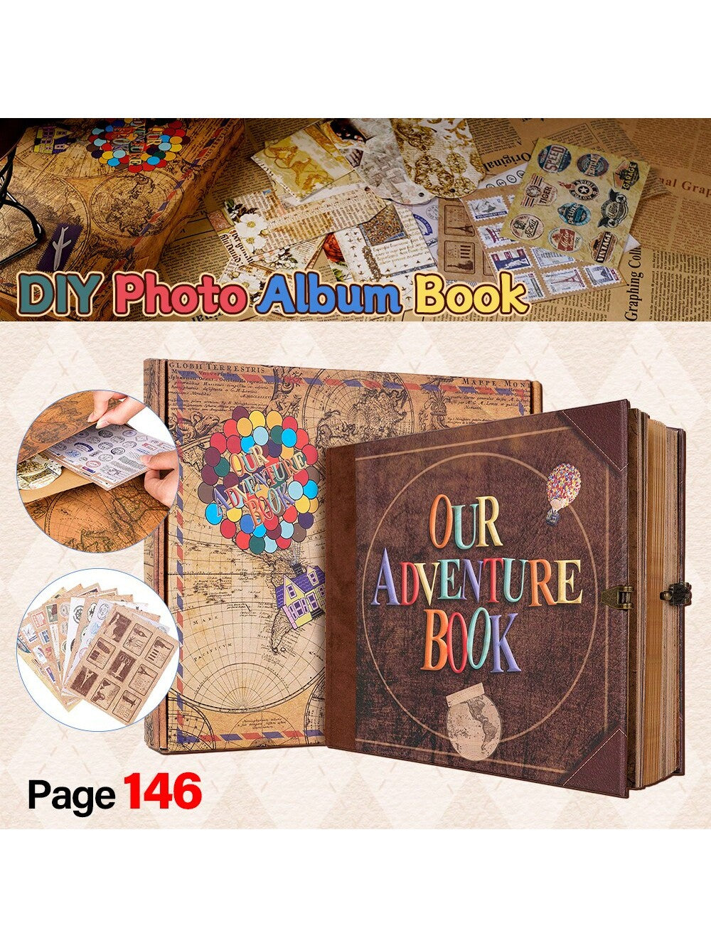 146 Pages Vintage Scrapbook Our Adventure Book Travel Journal, Retro Junk Journal Keepsake Album, DIY Memory Book For Wedding Guestbook Birthday Baby Shower Valentine Christmas Graduation Gift