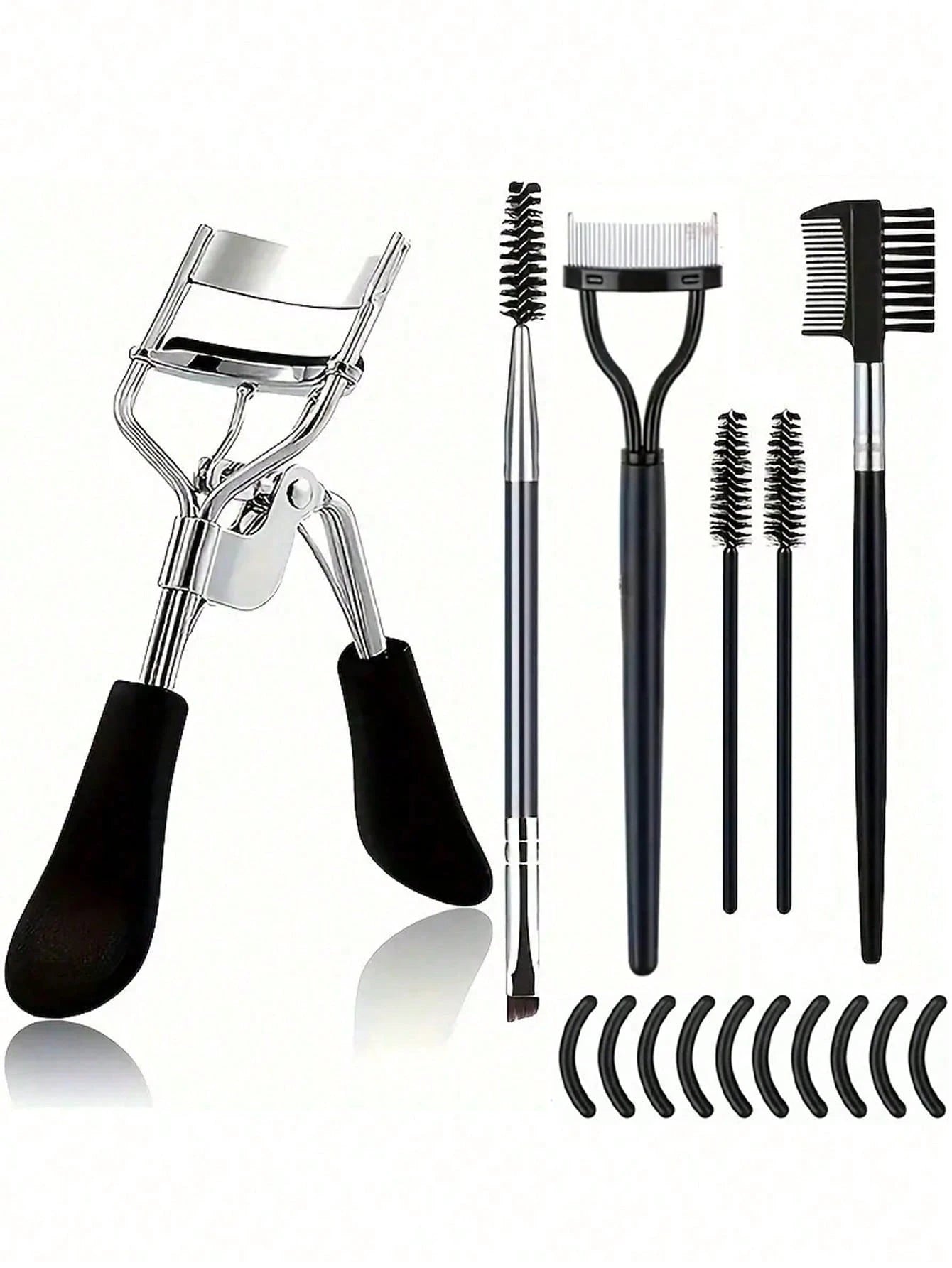 16-Piece Stainless Steel Eyelash Curler Set, Includes 1 Eyelash Curler, 1 Eyelash Comb, 2 Eyelash Rollers, 1 Angled Dual-Ended Brow Brush, 1 Brow Brush, And 10 Silicone Refill Pads, For Eyelashes And