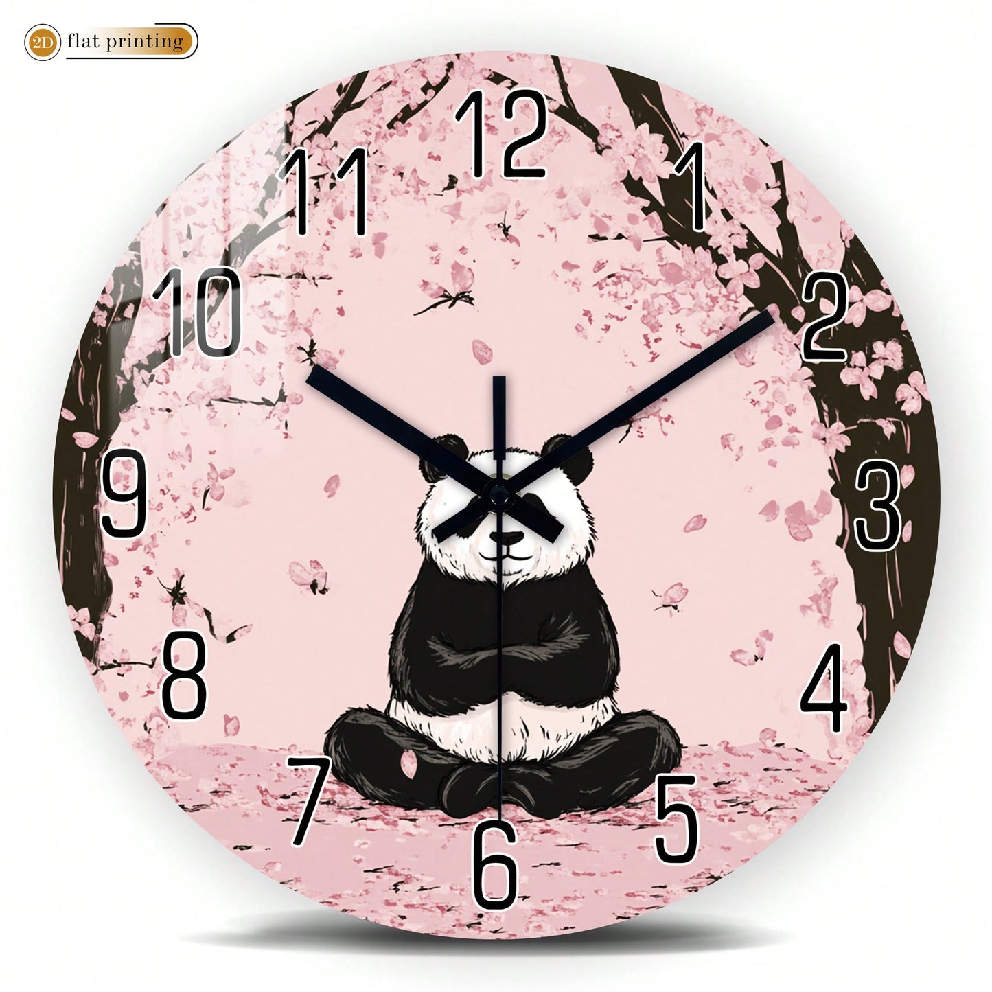 1Pc 2D Flat Panda Cherry Blossom Print Wall Clock, 12Inch Silent Wooden Round Clock For Living Room Bedroom, Modern Home Decor Gift, AA Battery