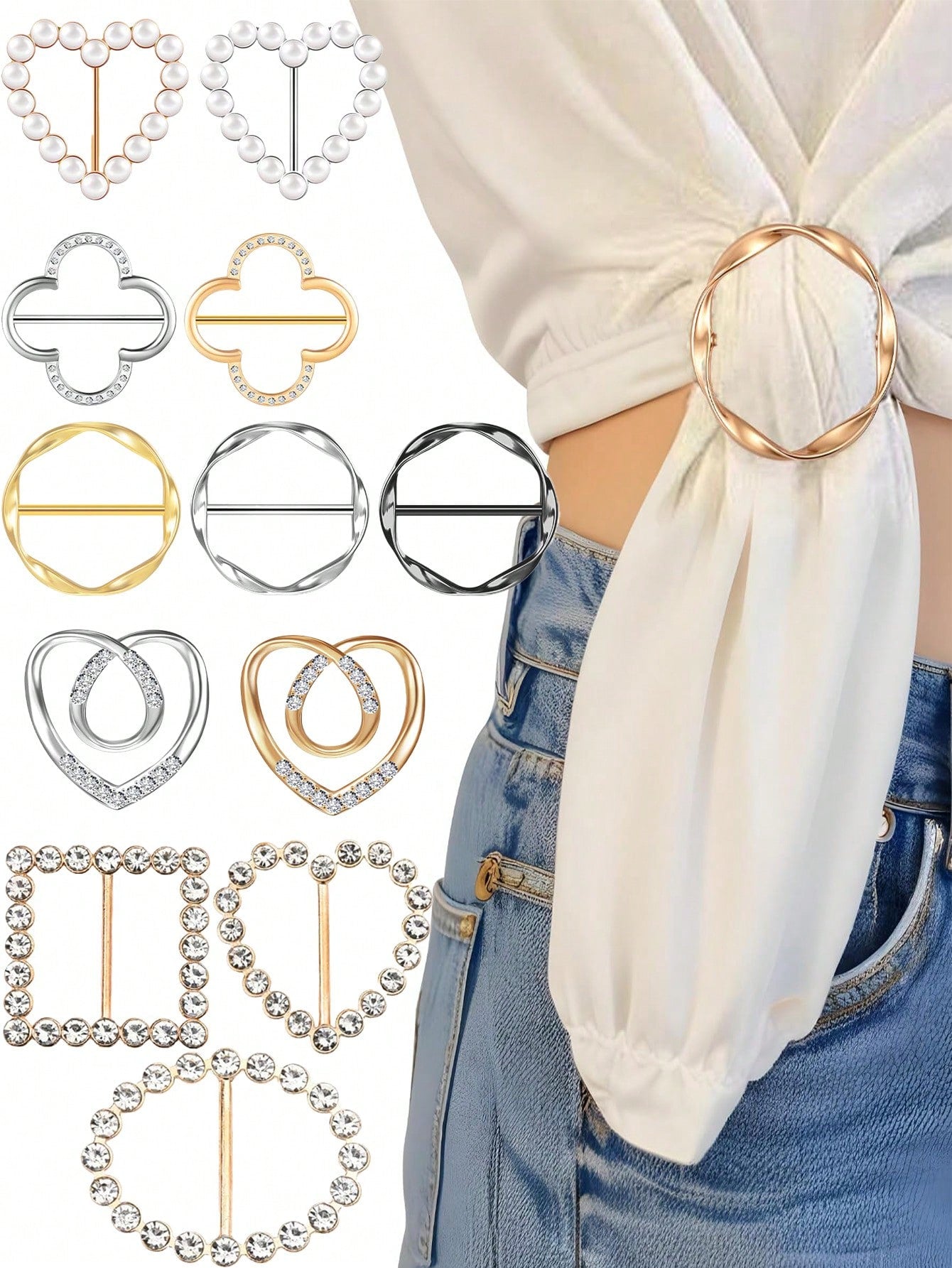 1pc/4pcs Fashion Diamond Buckle Clasp For Men/Women Shirt Jacket Clothing Decorative Accessories- Fashionable Alloy Rhinestone D-Ring Scarf Clip, Shirt Bottom Knot Fasteners