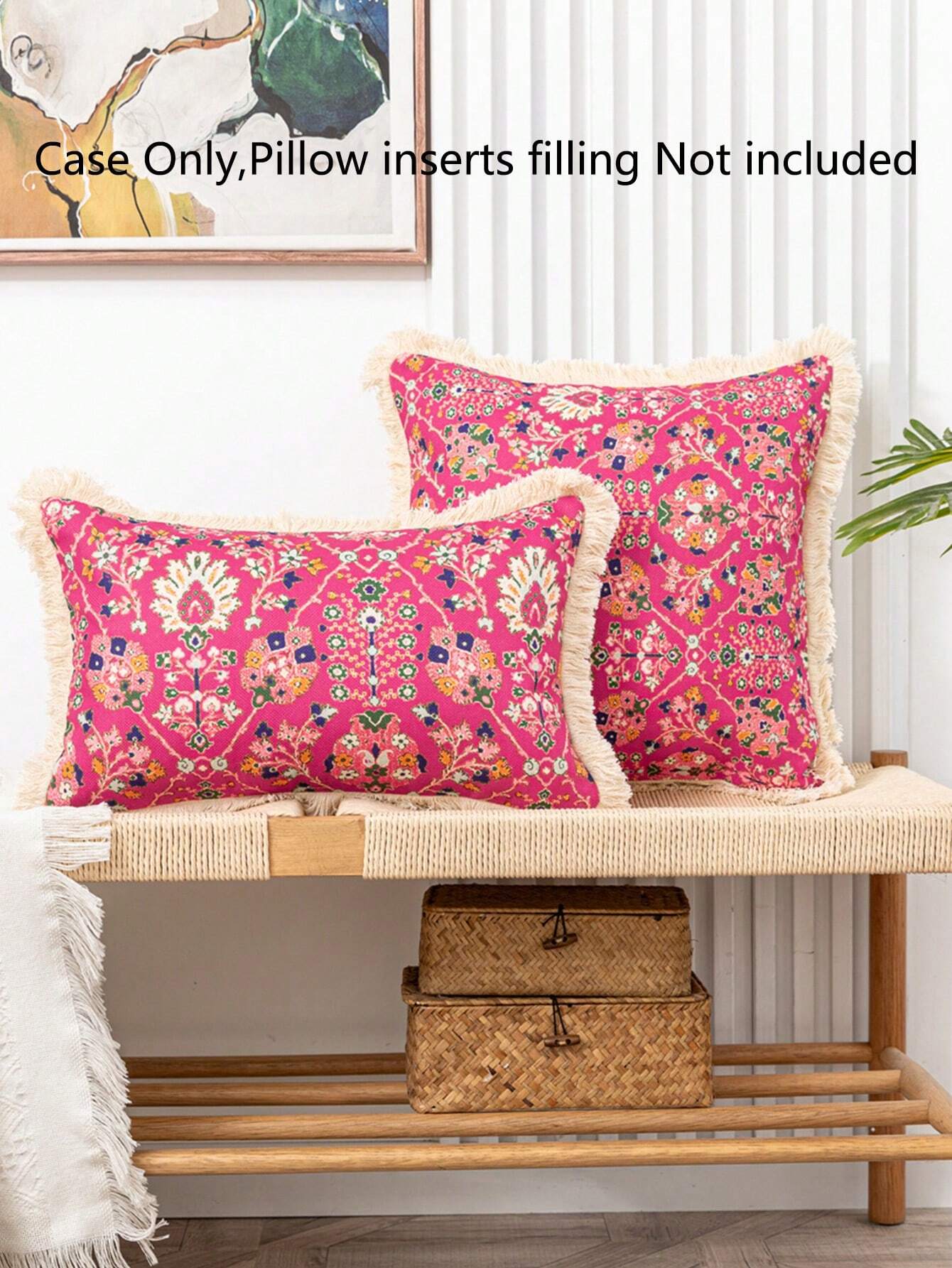 1pc Retro Linen Style Floral Print Pillowcase With Tassel Trim, Home Decor Cushion Cover For Sofa Or Bed, No Filling