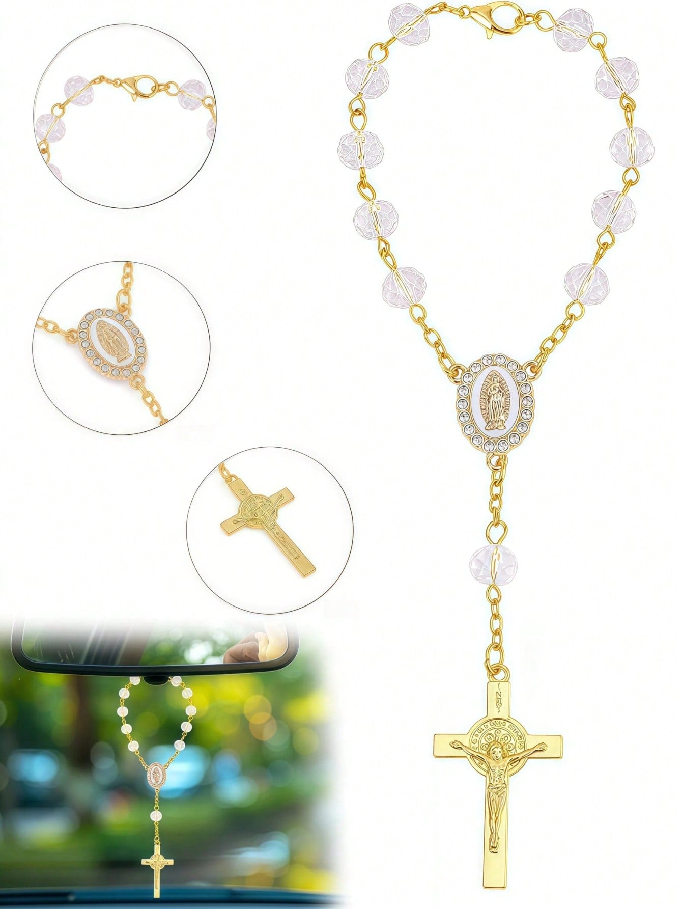 1pc Rosary Cross Baptism Bracelet Hanging Decor, Handmade Cross Car Rearview Mirror Pendant, Women Car Accessory