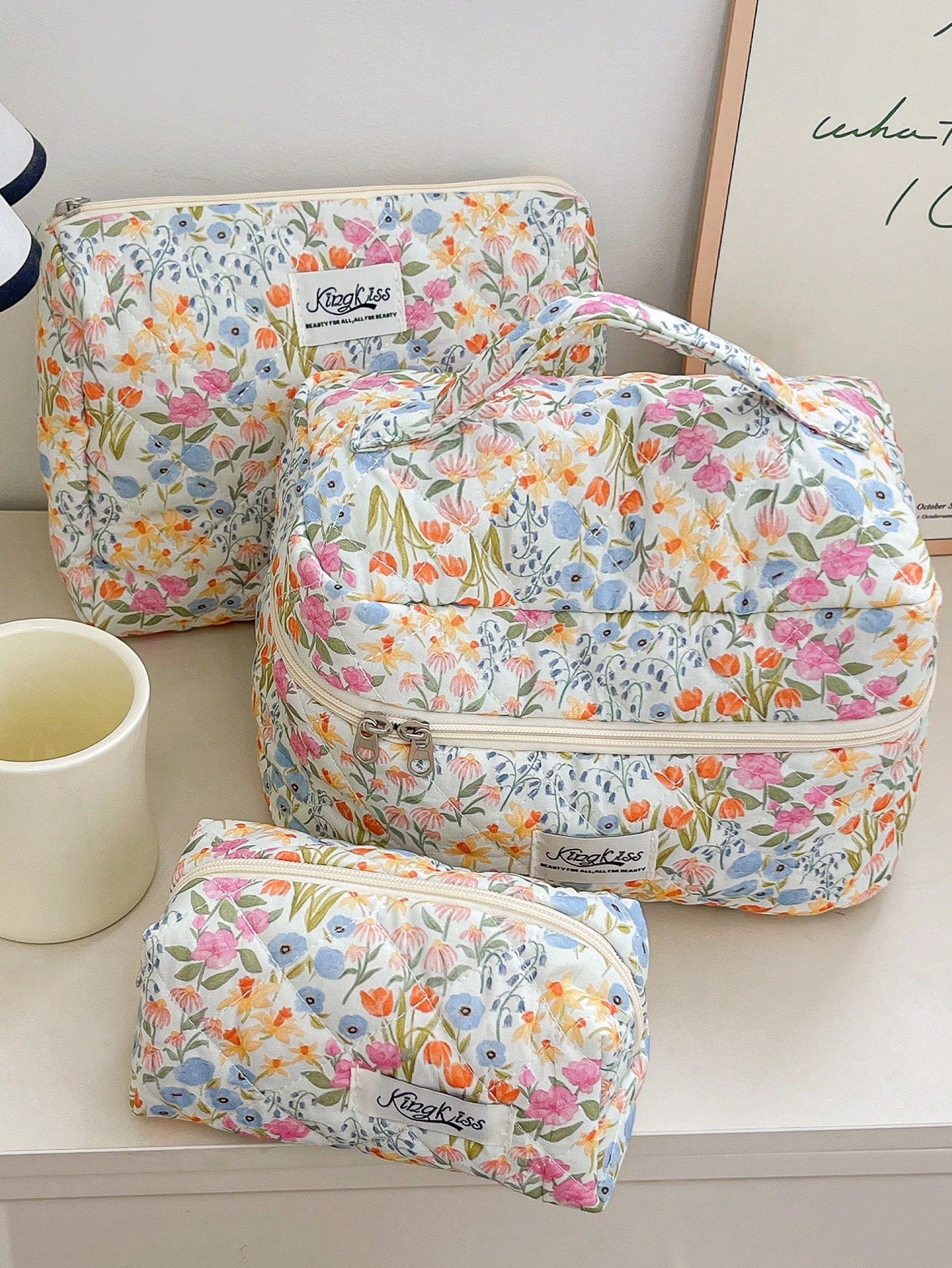 1pc/Set Colorful Floral Print Girls Makeup Bag With Zipper, Suitable For Skincare, Cosmetics, Lip Gloss, Sunscreen, Hand Cream, Coins, Daily Commute, Travel, Cruise, Dorm Essentials Storage Bag, Perfe