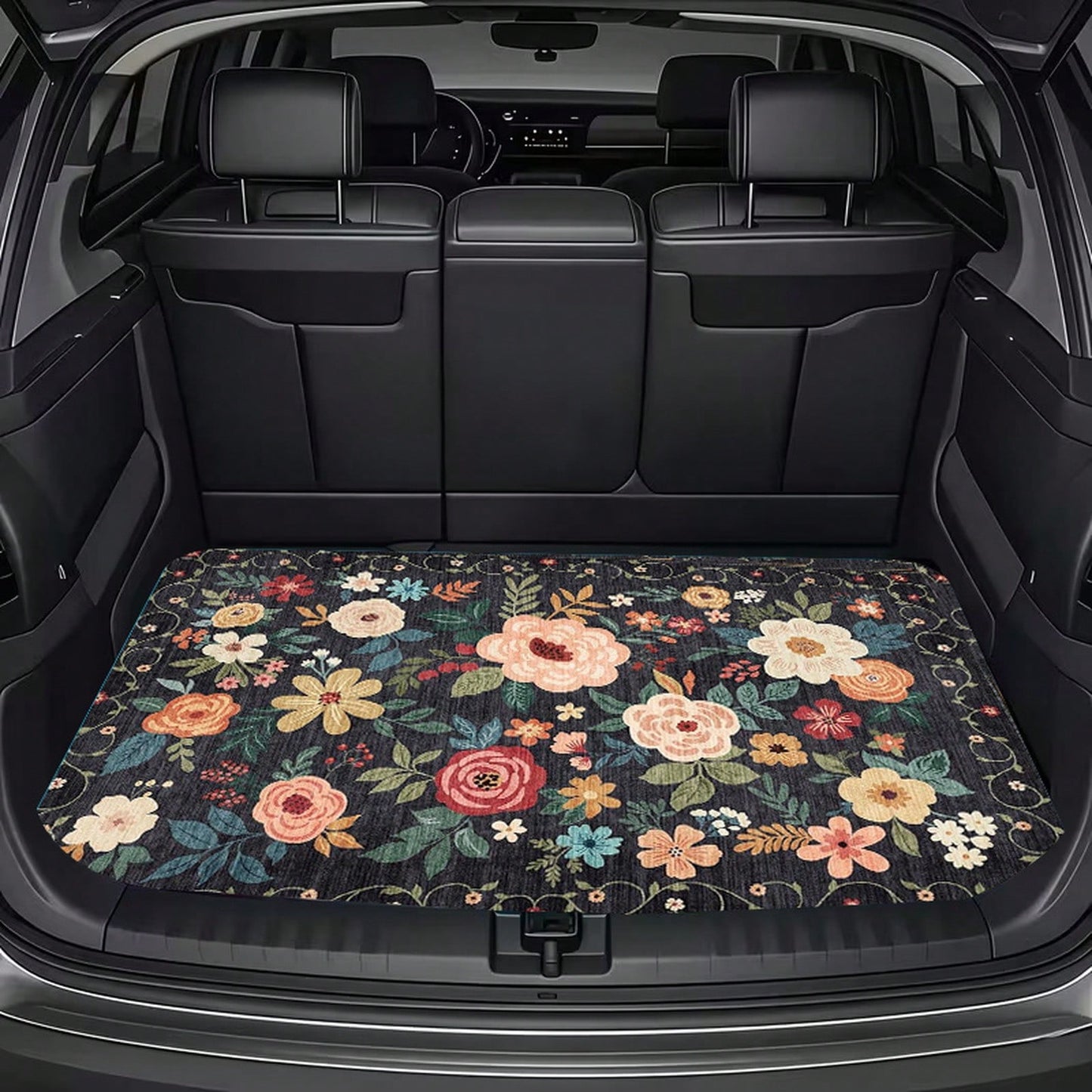 1pc, Waterproof Trunk Mat, Car Cargo Liner, Universal Fit For Suvs And Sedans, Floral Pattern With Multicolor Roses And Leaves On Dark Background, Heavy Duty Non-Slip Rubber Backing, Suitable For All