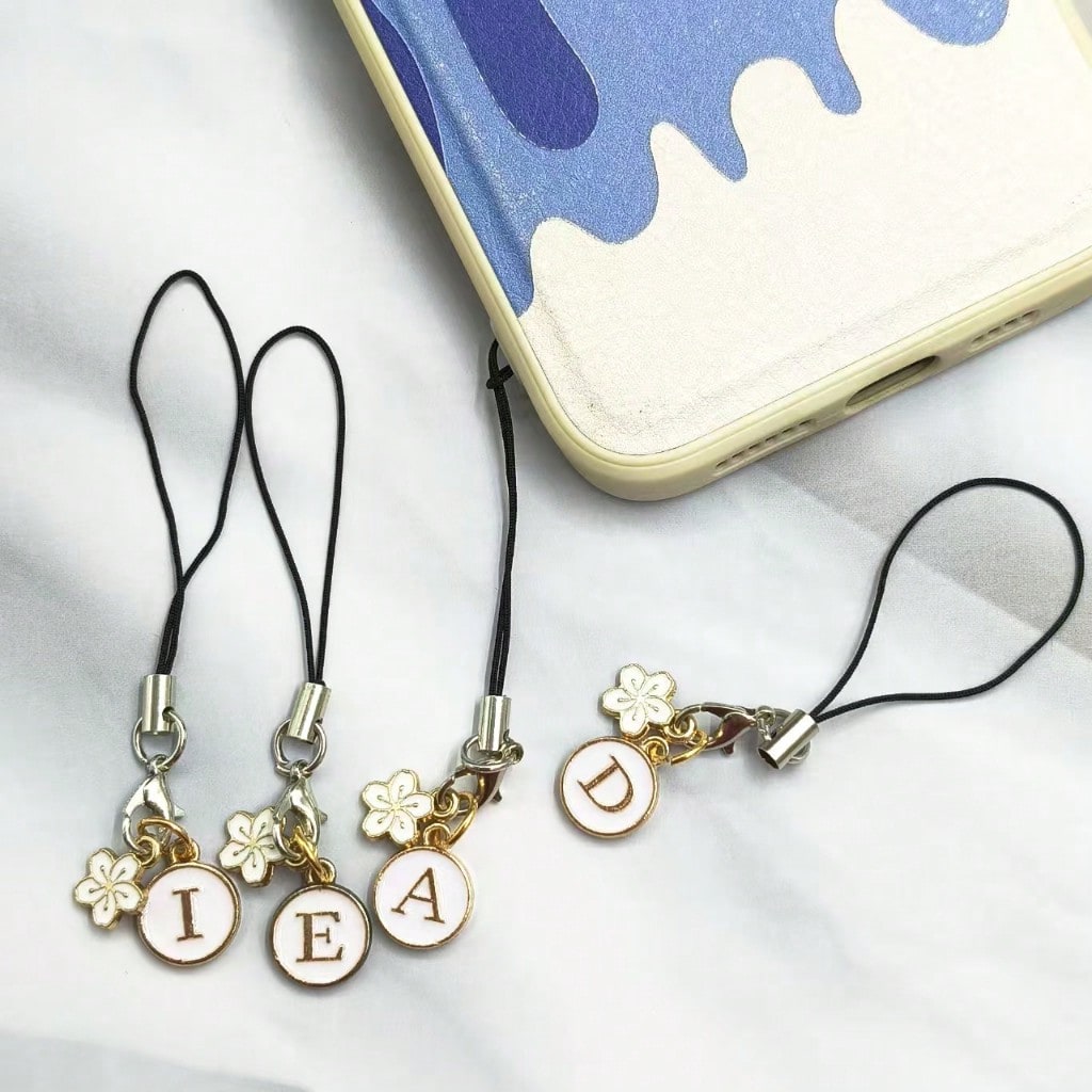 1pc White Cherry Blossom Round Letter A-Z Pendant Phone Charm