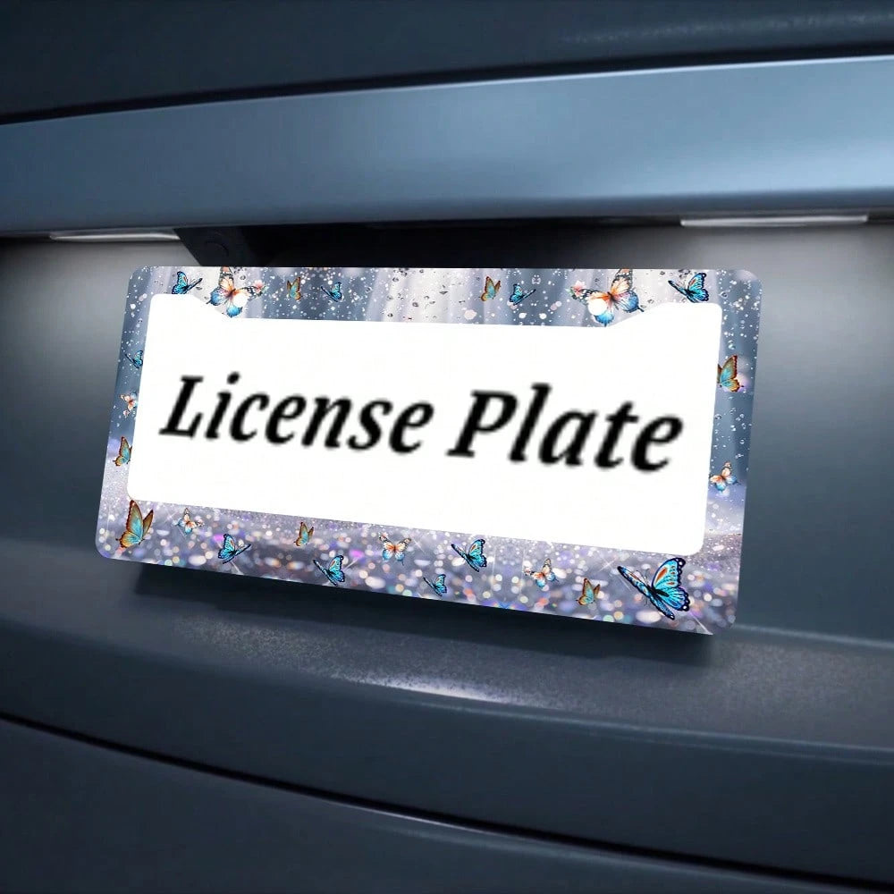 2-Piece Butterfly Aluminum License Plate Frame, 12x6inch, Universal Fit, Decorative Stainless Steel License Plate Holder, With Screws, Blue Design, American Vehicle Accessories
