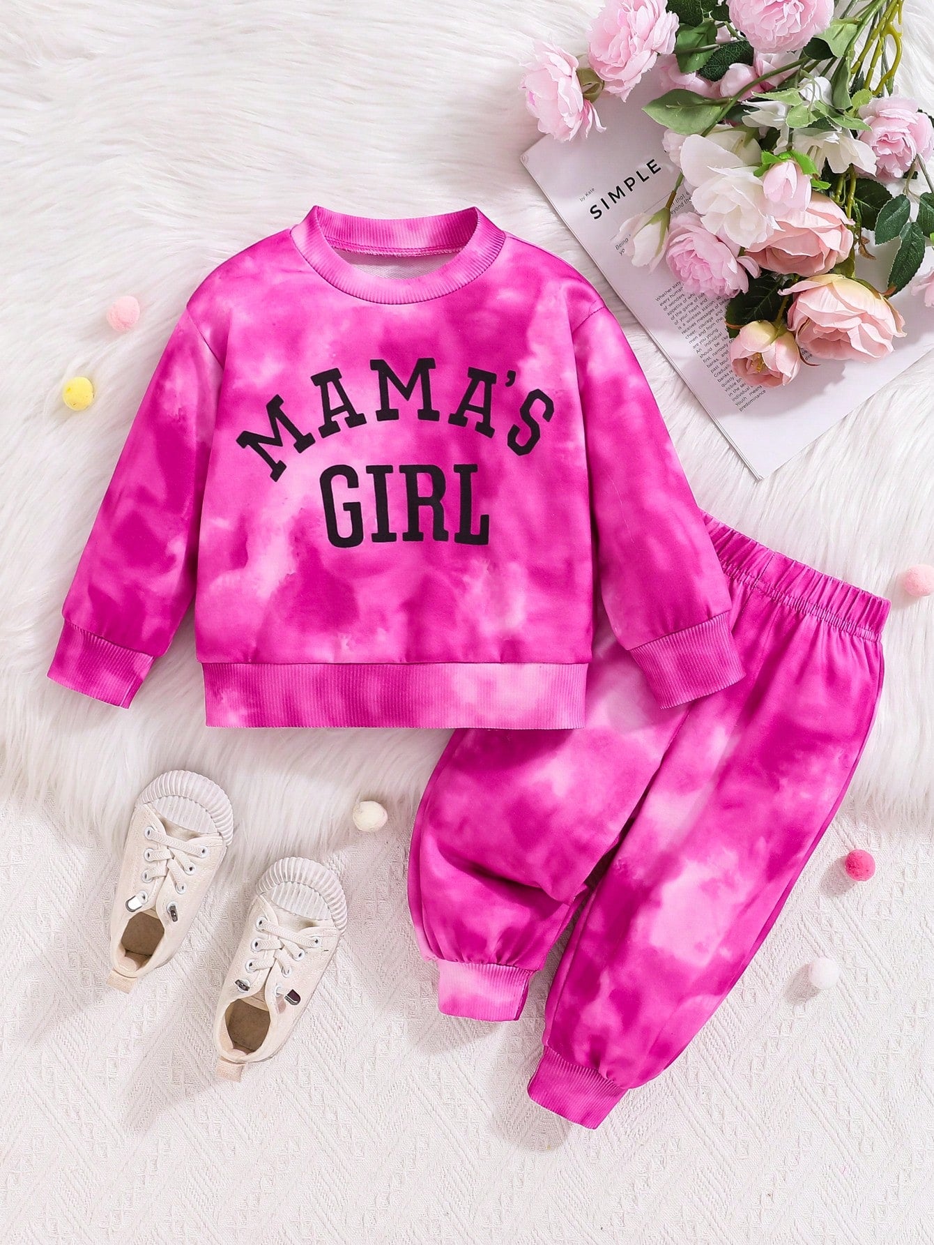 2pcs Baby Girls Casual Letter Tie-Dye Print Pullover Sweatshirt And Long Pants Set With Round Neck Long Sleeves For Spring And Autumn