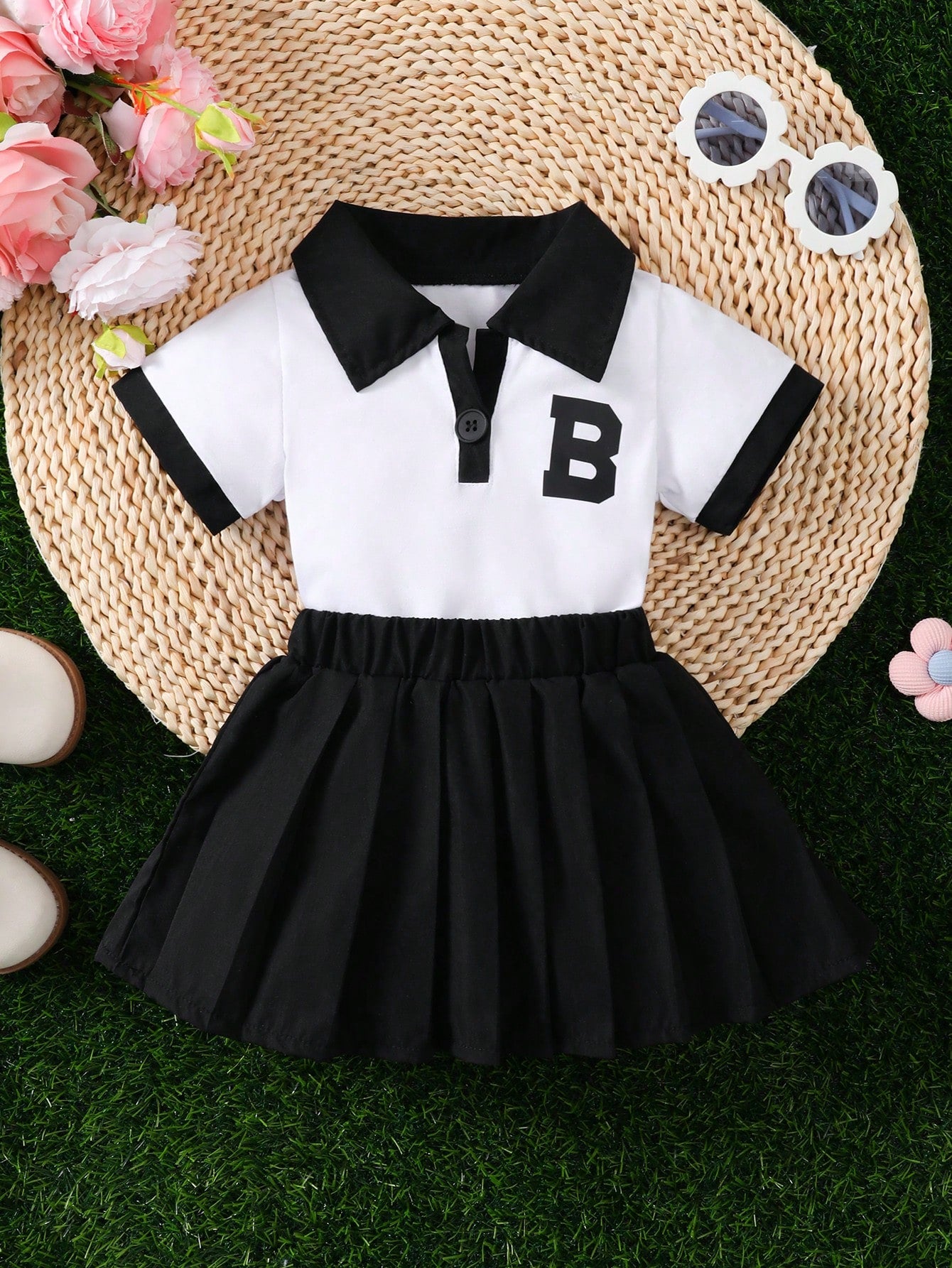 2pcs Baby Girls' Summer Collegiate Style Letter Print Collar Shirt & Pleated Skirt Set, Outdoor Outfit