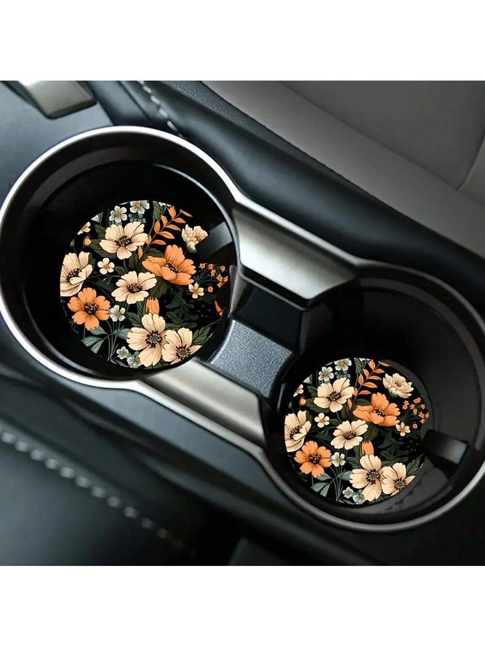 2pcs Floral Pattern Absorbent Cup Coaster, Stylish & Durable Fast-Drying Non-Slip Car Cup Mat