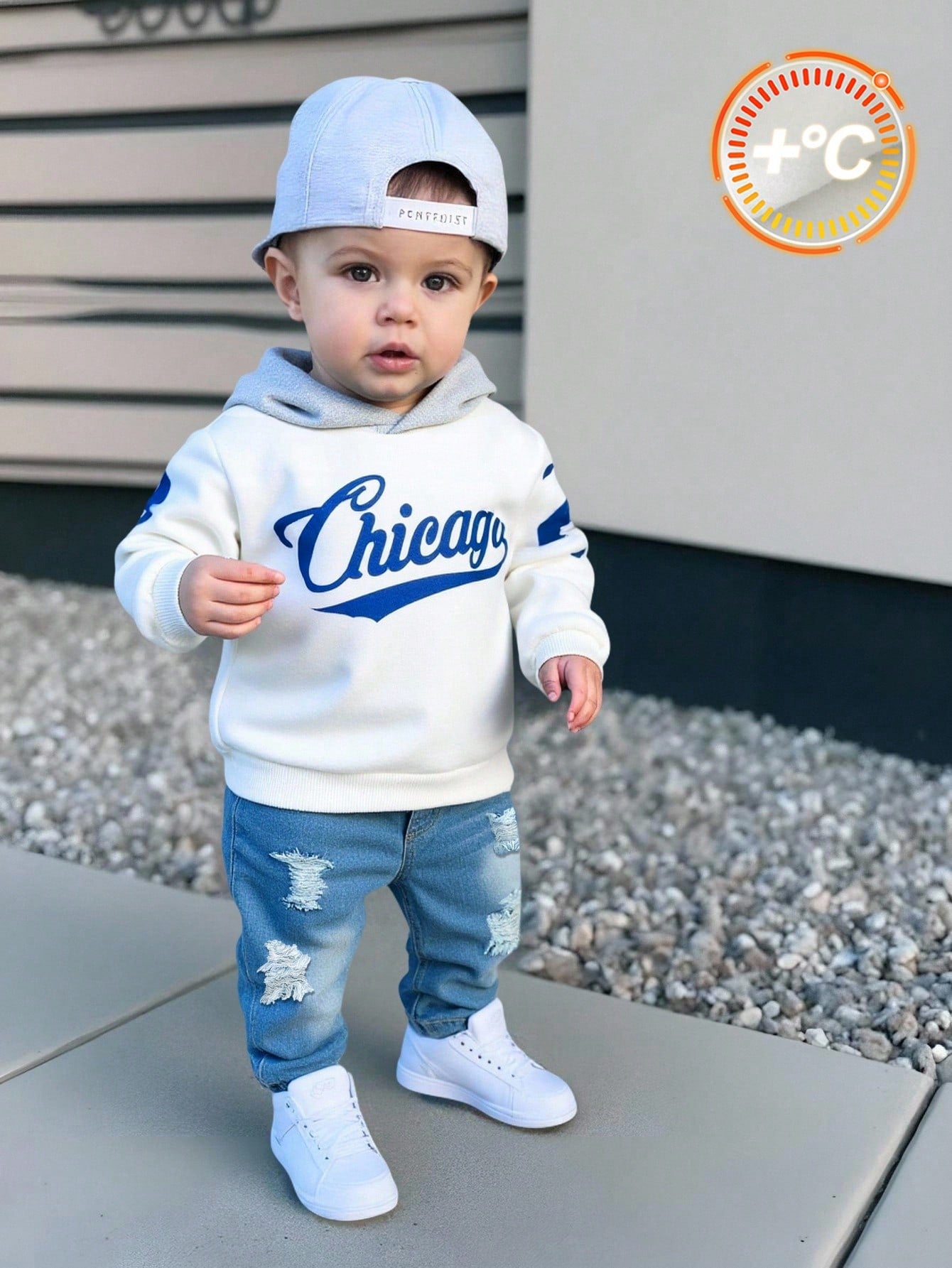 2pcs/Set Baby Boys Thermal Lined Hoodie & Denim Winter Pants,Blue White Stripe,Autumn,Street Life Casual Graphic Street Fashion,City,Back-To-School