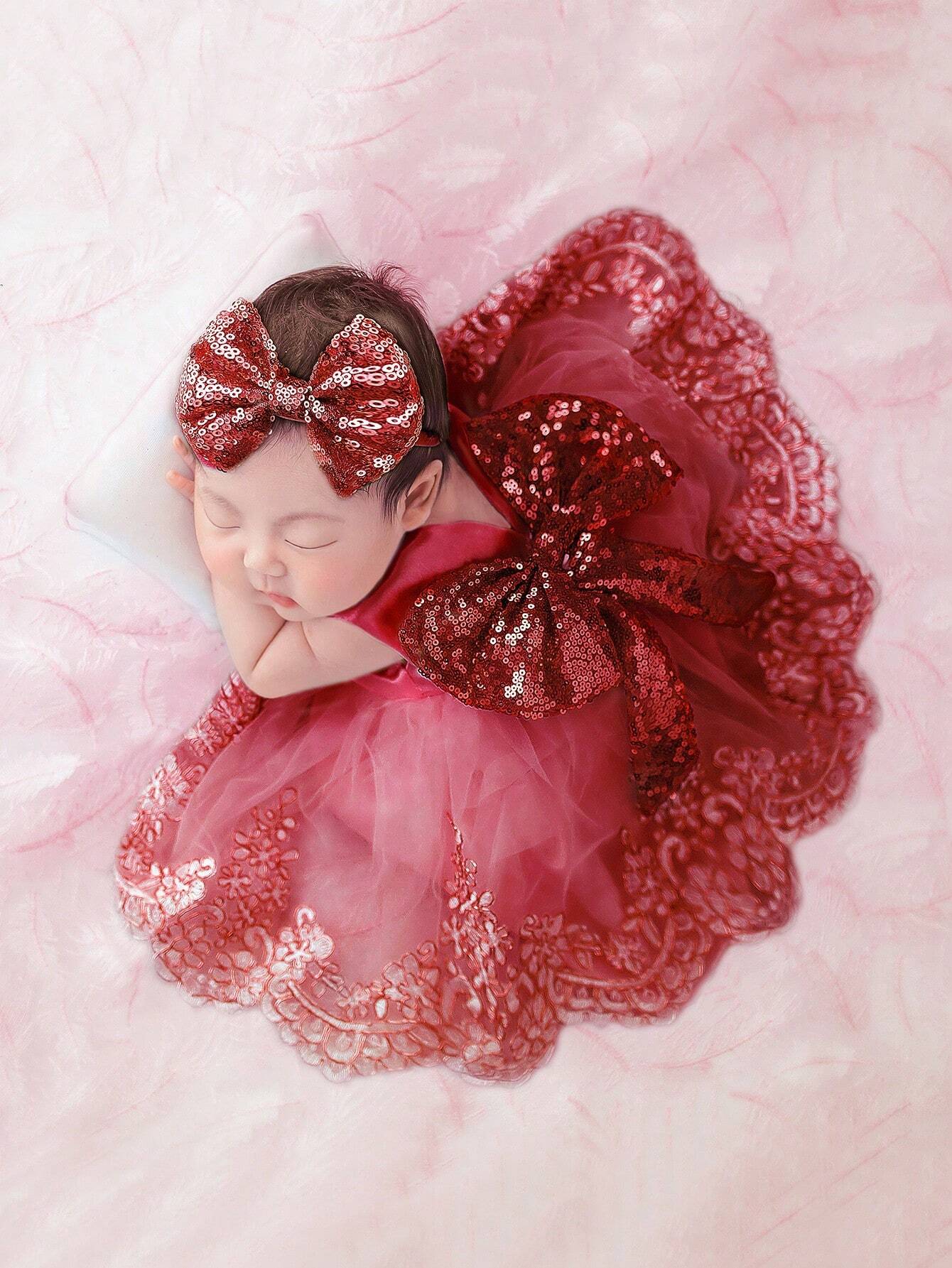 2pcs/Set Champagne Color Newborn Photography Outfit, Princess Embroidered Tulle Dress & Baby Girl Lace Bow Floral Skirt