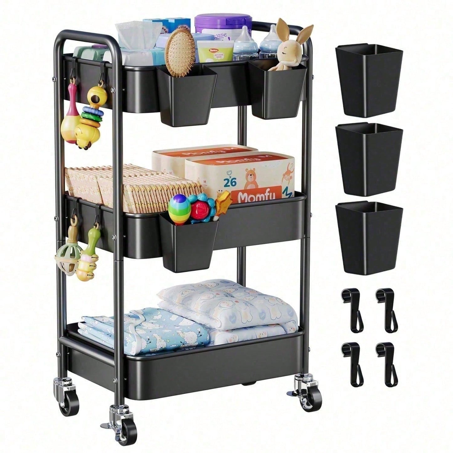 3 Tier Rolling Cart With Wheels, White Three Tiered Craft Cart Organizer On Wheels, Storage Utility Carts For Art, Baby Nursery,Diaper Caddy, Cleaning Supplies, Nail,Lash,Snack,Book,Roller Shelf