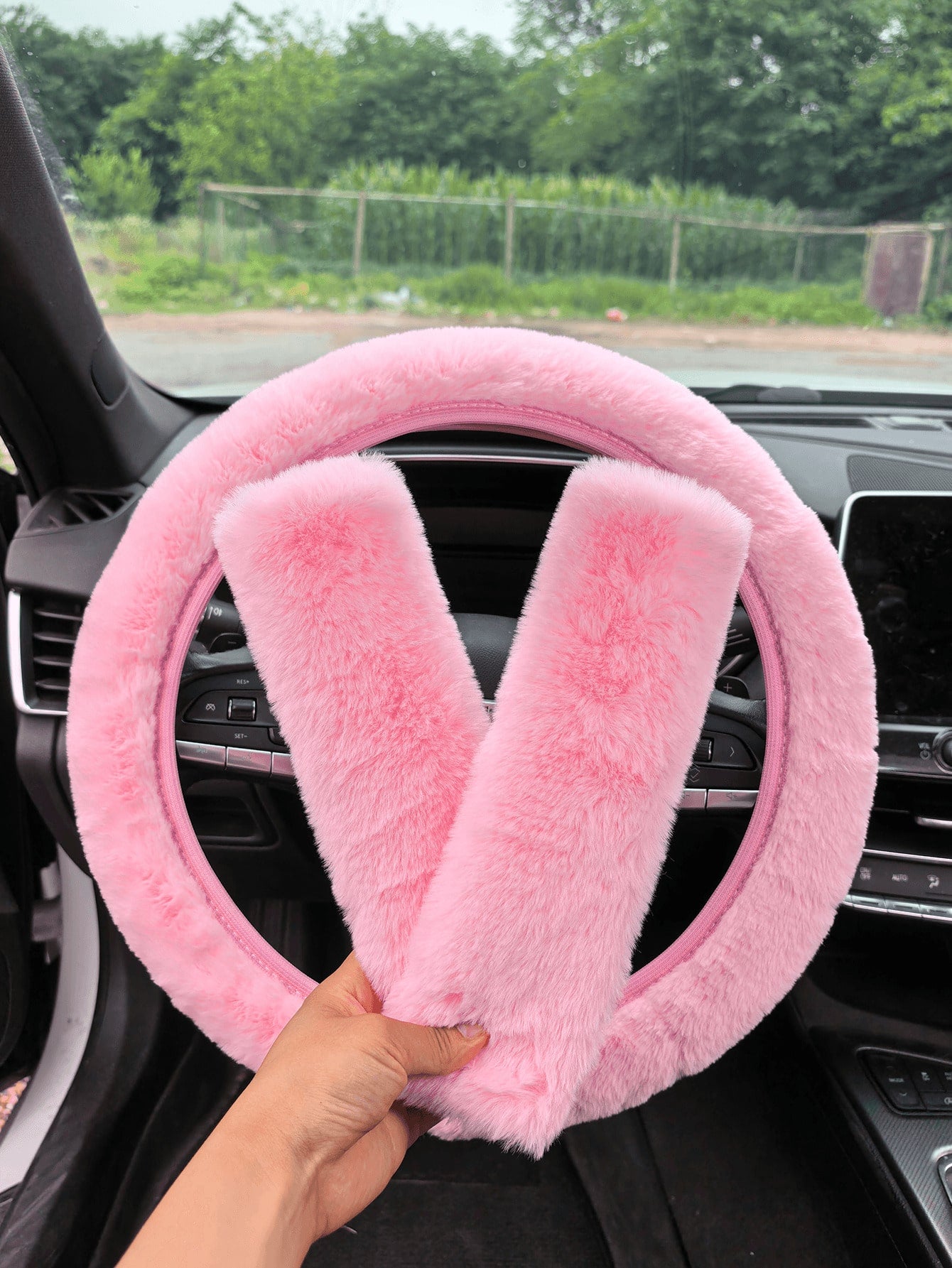 3pcs Car Plush Steering Wheel Cover And Shoulder Protection Cover Three Pieces Set Combination Suitable For Use In Spring, Autumn And Winter,Car Stuff For Woman,Pink Car Stuff