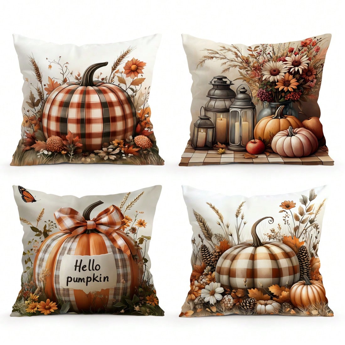 4pcs Autumn Plaid Pumpkin Pattern Pillow Covers Without Inserts, Single-Sided Printed Pillow Covers, Suitable For Living Room Bedroom Home Decor, All Season Pillow Covers
