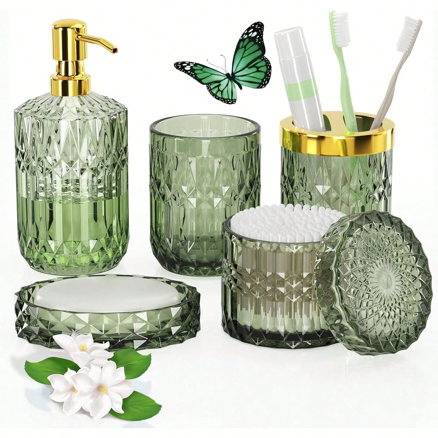 5-Piece Green Diamond-Cut Glass Bathroom Accessories Set, Rust-Proof Toothbrush Holder & Soap Dispenser, Tumbler & Cotton Jar, Modern Crystal Bathroom Decor- Back To School Gift For Dorm, Housewarmin
