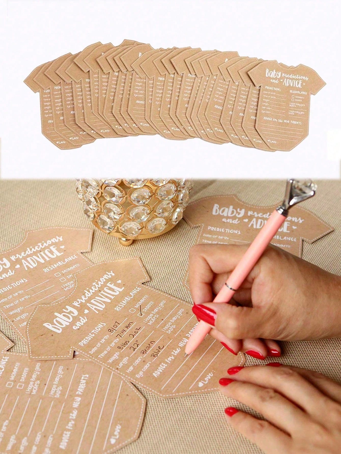 50pcs-Clothing Style Prediction Advice Cards For Decoration Gender Reveal Kraft Paper Suggested Prediction Cards For Baptism Game Gift Or Party Guests To Offer Advice For New Parents Handwritten Cards