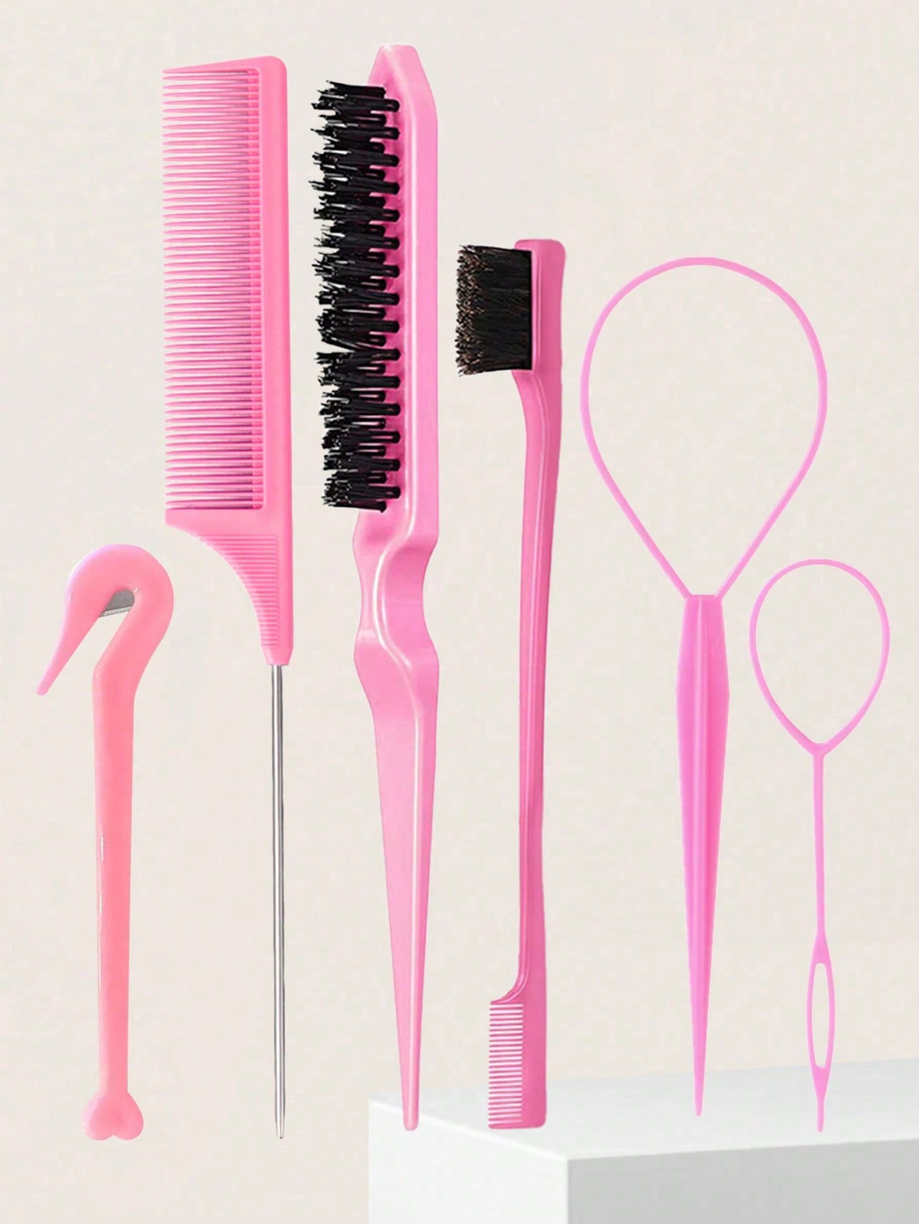6pcs Hair Styling Tool Set, Includes 2 French Braiding Rings, Hair Cutting Scissors In Leather Case, Volumizing Brush, Pointed Tail Comb, Edge Comb (For Hairline & Back-Brushing), Suitable For Women's