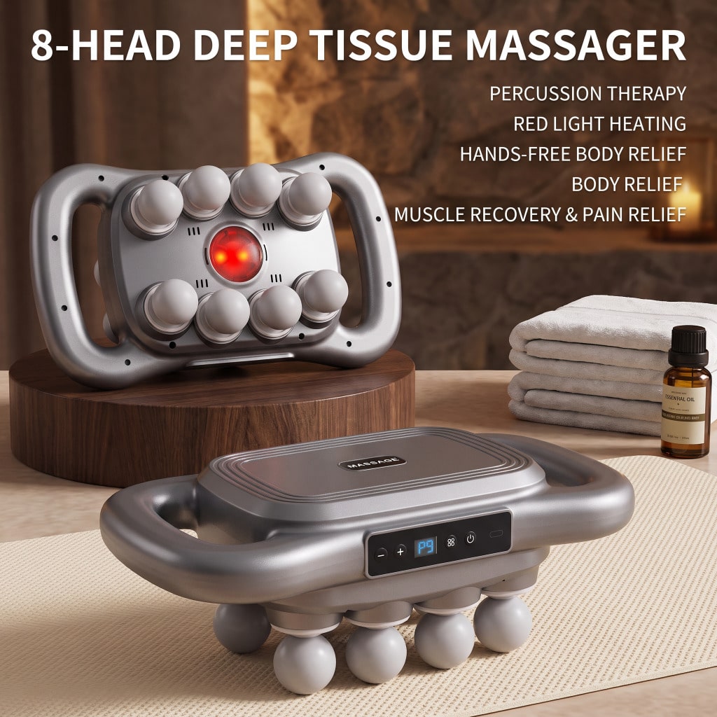 8-Head Electric Deep Tissue Massager For Muscle Relief, Multi-Head Back Pain Massage Device With Red Light Heating, Large Thrust Percussion Massage Gun For Waist, Calf, Thigh, And Foot Soreness, Hands