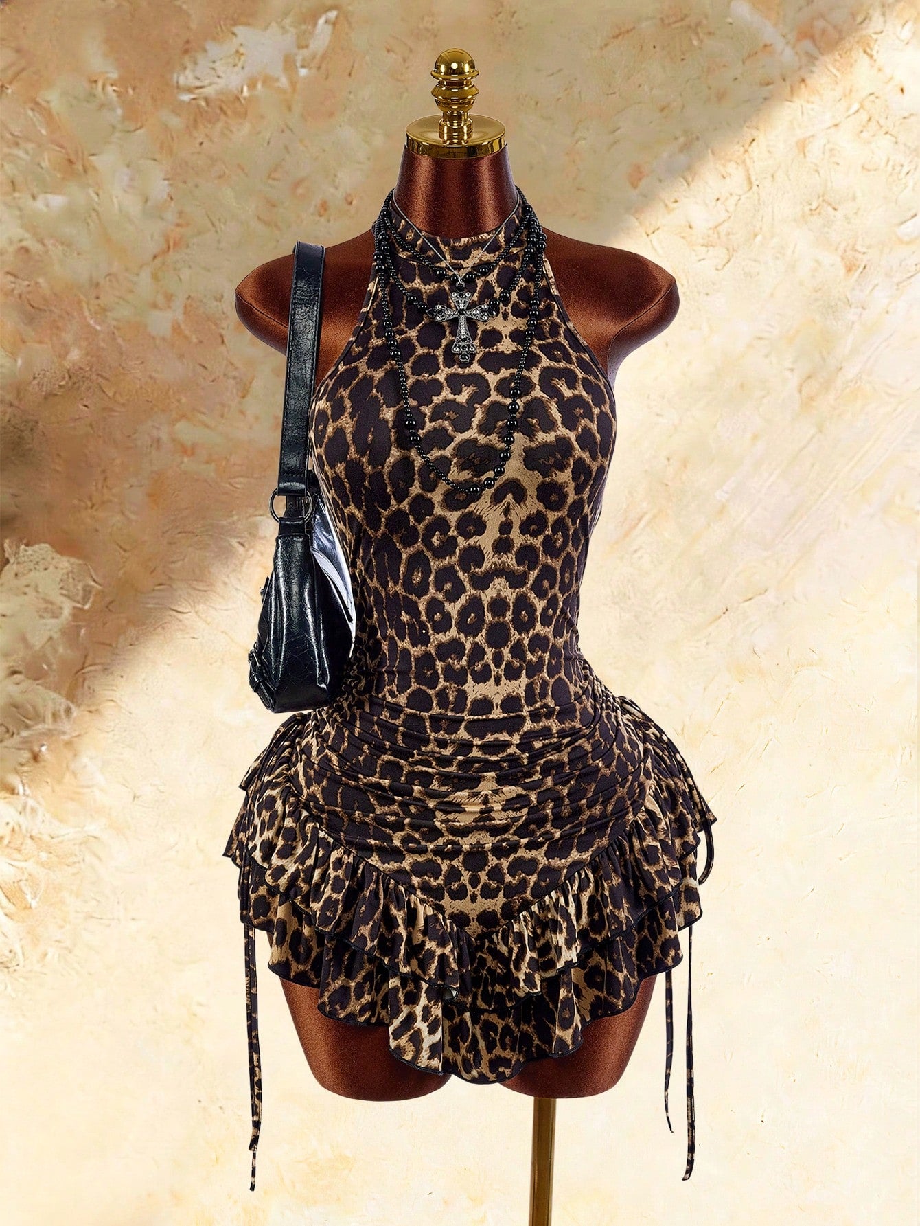 Amplova Boho Sexy Style High Neck Asymmetrical Ruffle Hem Waist-Cinching Mini Dress Going Out Night Out Brown Summer