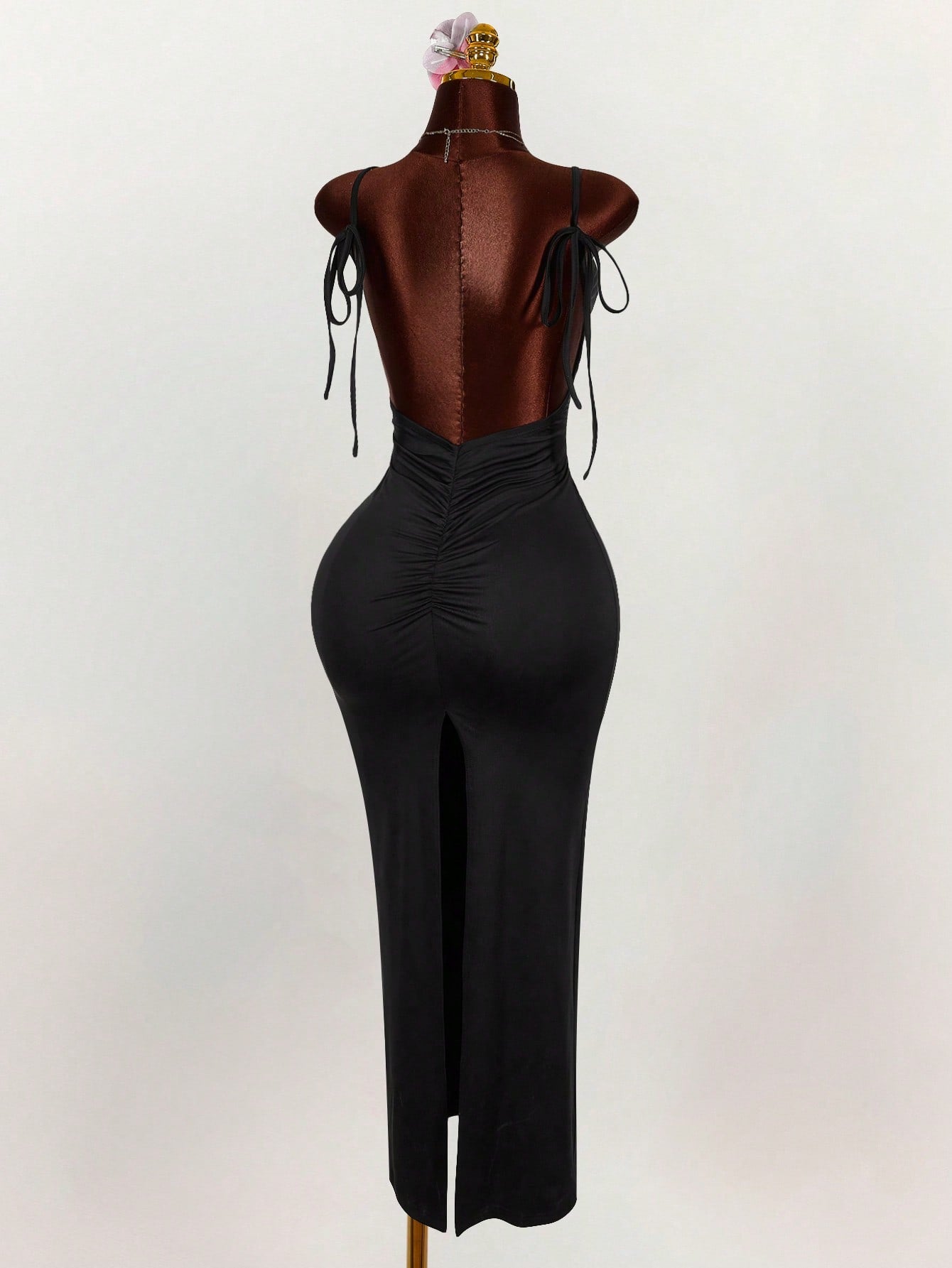 Amplova Generous Neckline Spaghetti Strap Bow Tie Backless Ruched High Slit Bodycon Maxi Dress