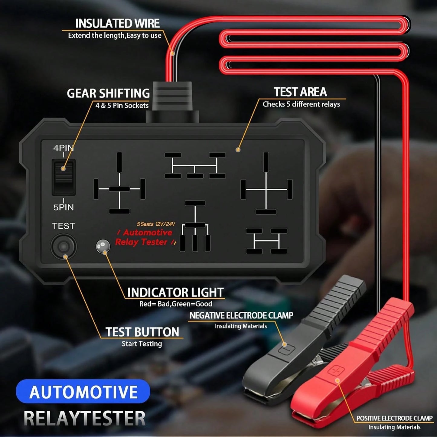 Automotive Relay Tester- 4 & 5 Pin 12V/24V Auto Diagnostic Tool, Small Handheld DIY Car Tester With Battery Clips, Relay Testing Kit, Electrical Systems Tool