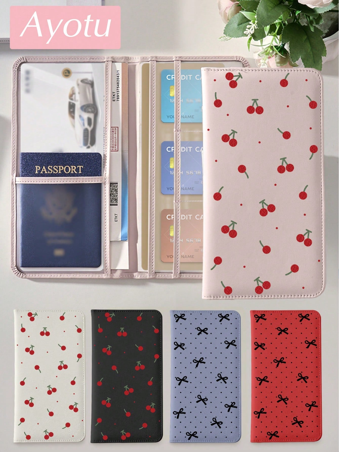 Ayotu Cherry & Bow Polka Dot Pattern Vehicle Registration & Insurance Card Holder- Car Glove Box Organizer, Suitable For Storing Important Documents, Driver's License, Passport, Cards, Auto Accessori