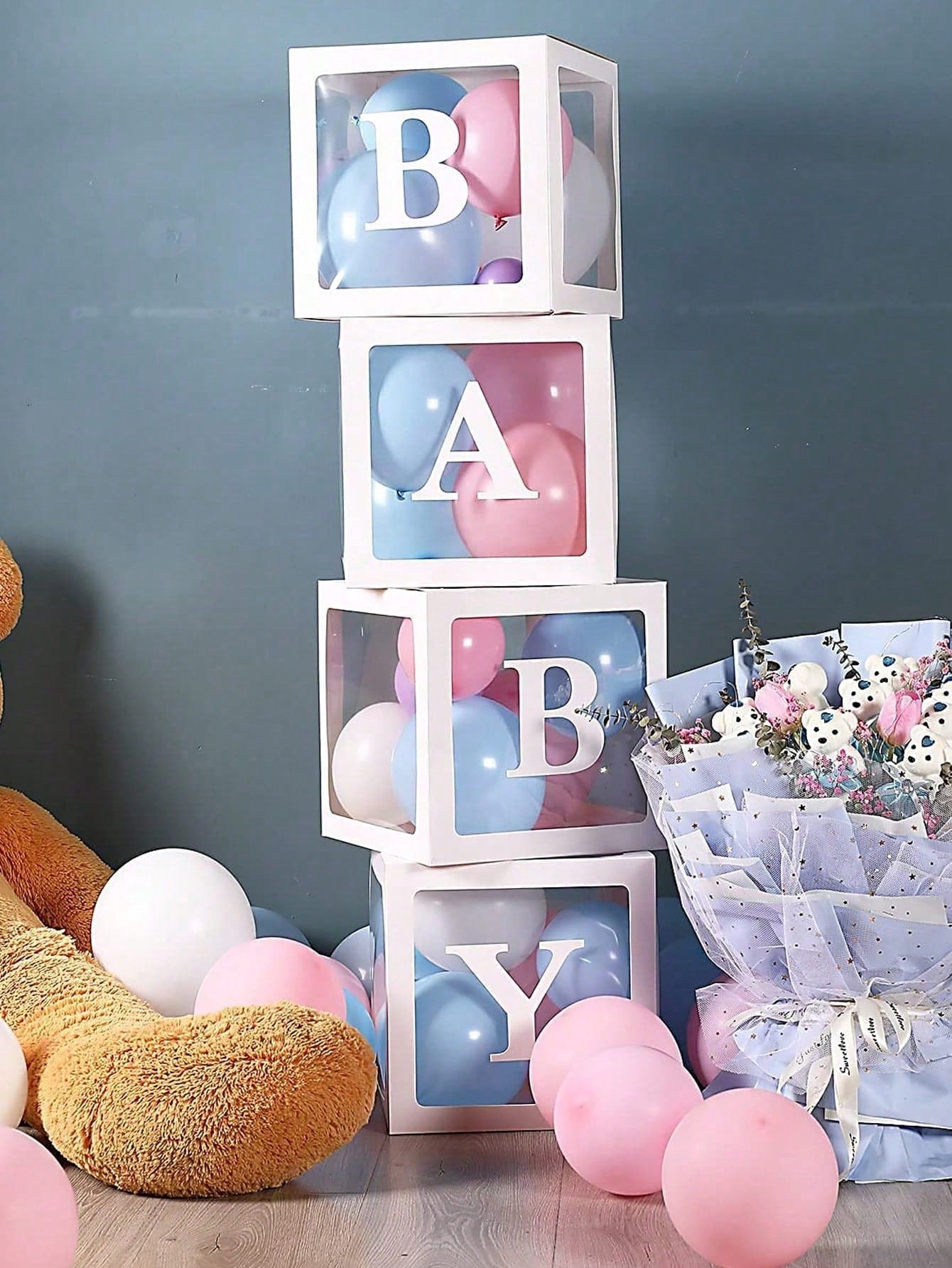 Baby Boxes With Letters For Baby Shower, Baby Shower Decorations For Boys Or Girls, Transparent Balloon Boxes Clear Blocks For Birthday Party, Bridal Shower, Gender Reveal(White)