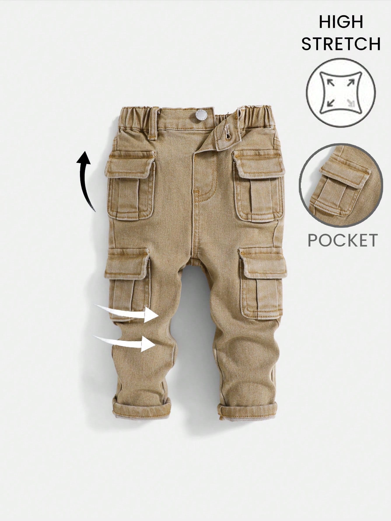 Baby Boy Street Cool Multiple Pockets High Stretch Khaki Denim Cargo Pants,Casual And Fashion Fall/Winter Clothes