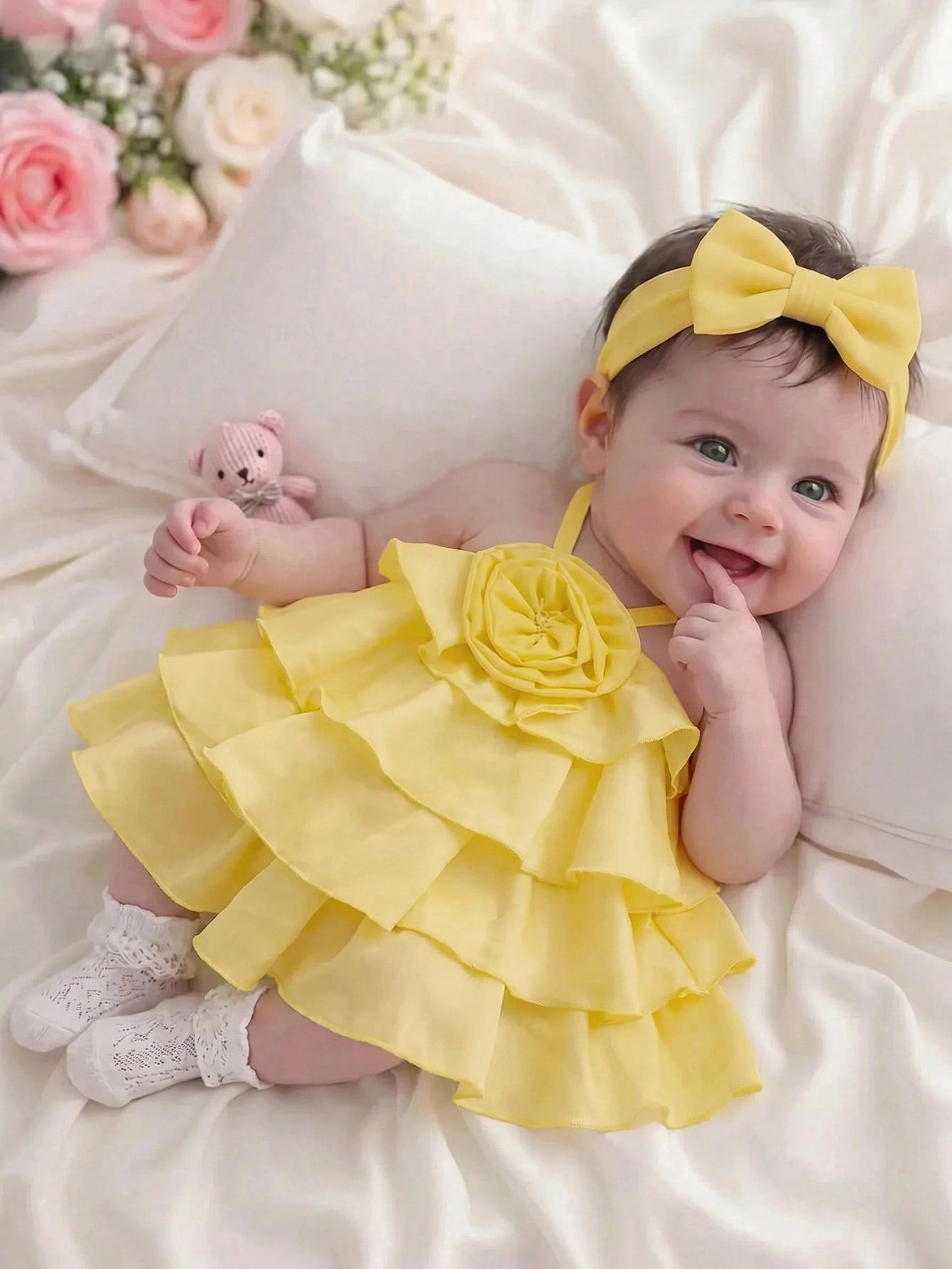 Baby Girl Cute & Elegant Yellow Ruffle Stereo Floral Sleeveless Dress Spring Elegant Dress