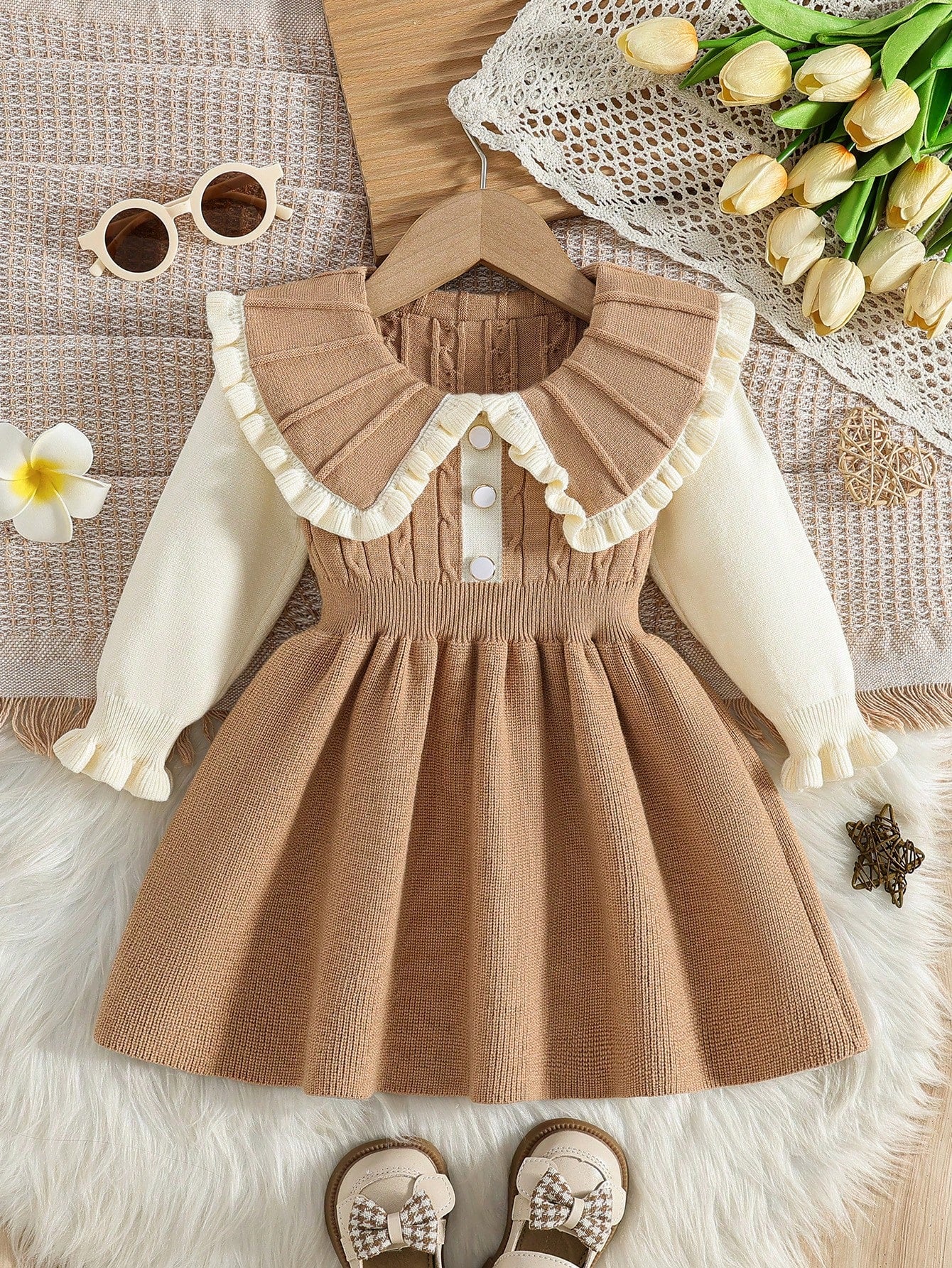 Baby Girls Ruffled Collar Floral Knitted Sweater Dress, Soft & Versatile Long Sleeve Princess Style Pullover Suitable For Autumn/Winter Holidays