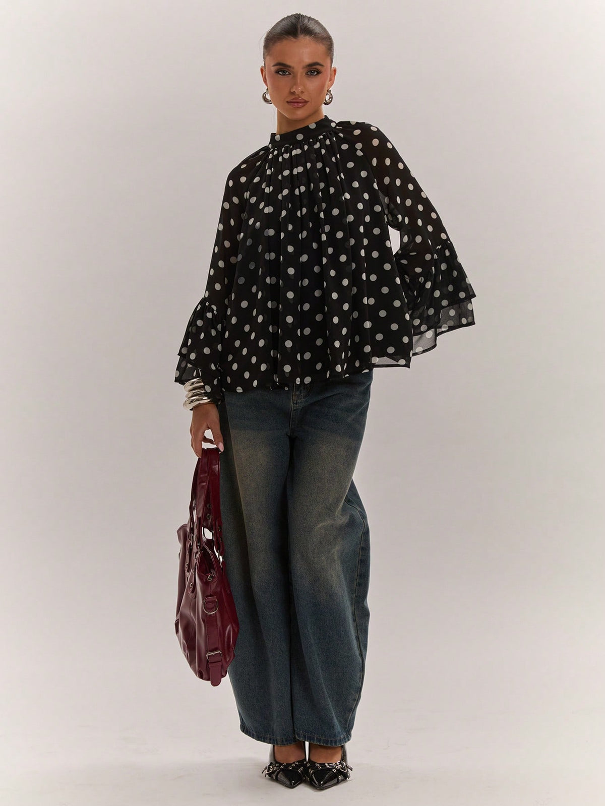 BAE Women's Polka Dot Print Round Neck Fashionable Versatile Blouse, Suitable For Dates, Festival Women