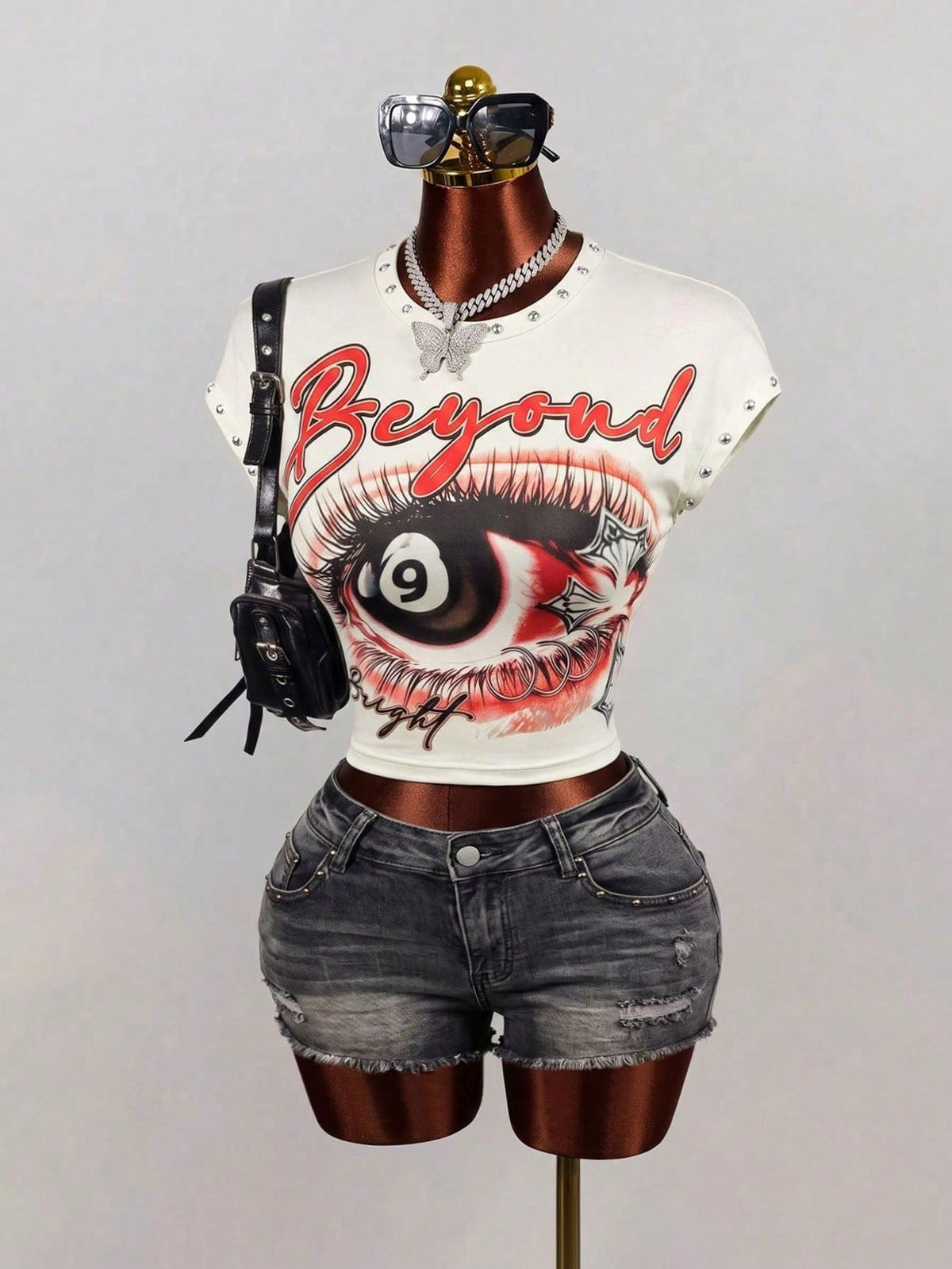 BamGleam American Hot Girl Style Eye Print Short Sleeve T-Shirt, Rivet Decor Cropped Midriff Top, Vintage Streetwear