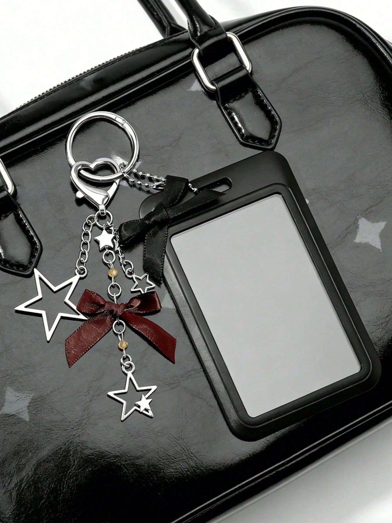 Black And White Star Pendant Card Holder, Pearl Pendant, Five-Pointed Star Pattern Design, Can Be Used As Bag Charm, Keychain, Can Store ID Card, Celebrity Card, Bus Card, Meal Card, Subway Card, Phot