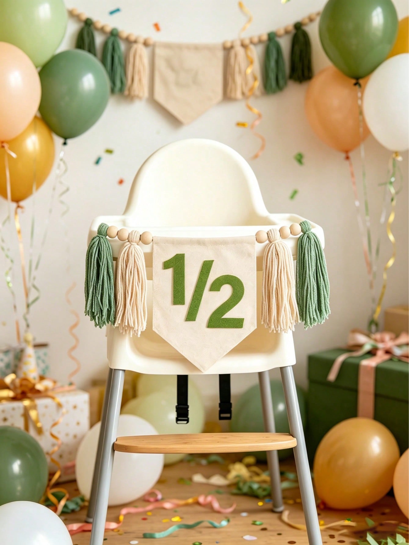 Bohemian Wooden Bead Tassel 1/2 Birthday Banner, Multi-Colored High Chair Wooden Bead Hanging Banner, Baby's Half-Year Party Backdrop Decoration