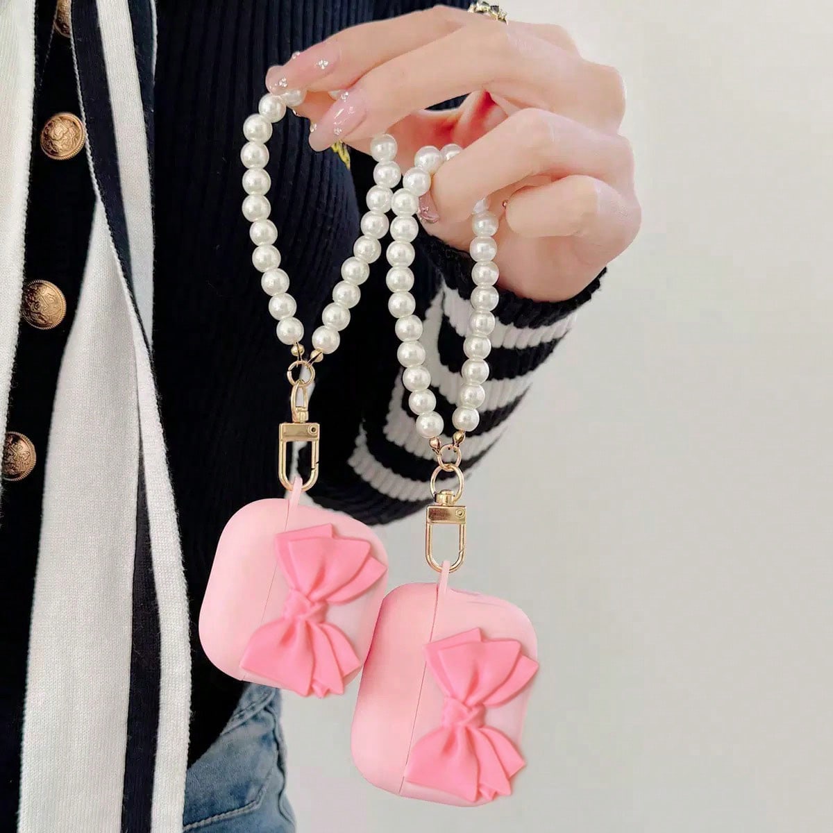 Bow-Knot Cute Girl's Pink Bow Earphone Case, Princess Style Pink Bow & Pearl Lanyard