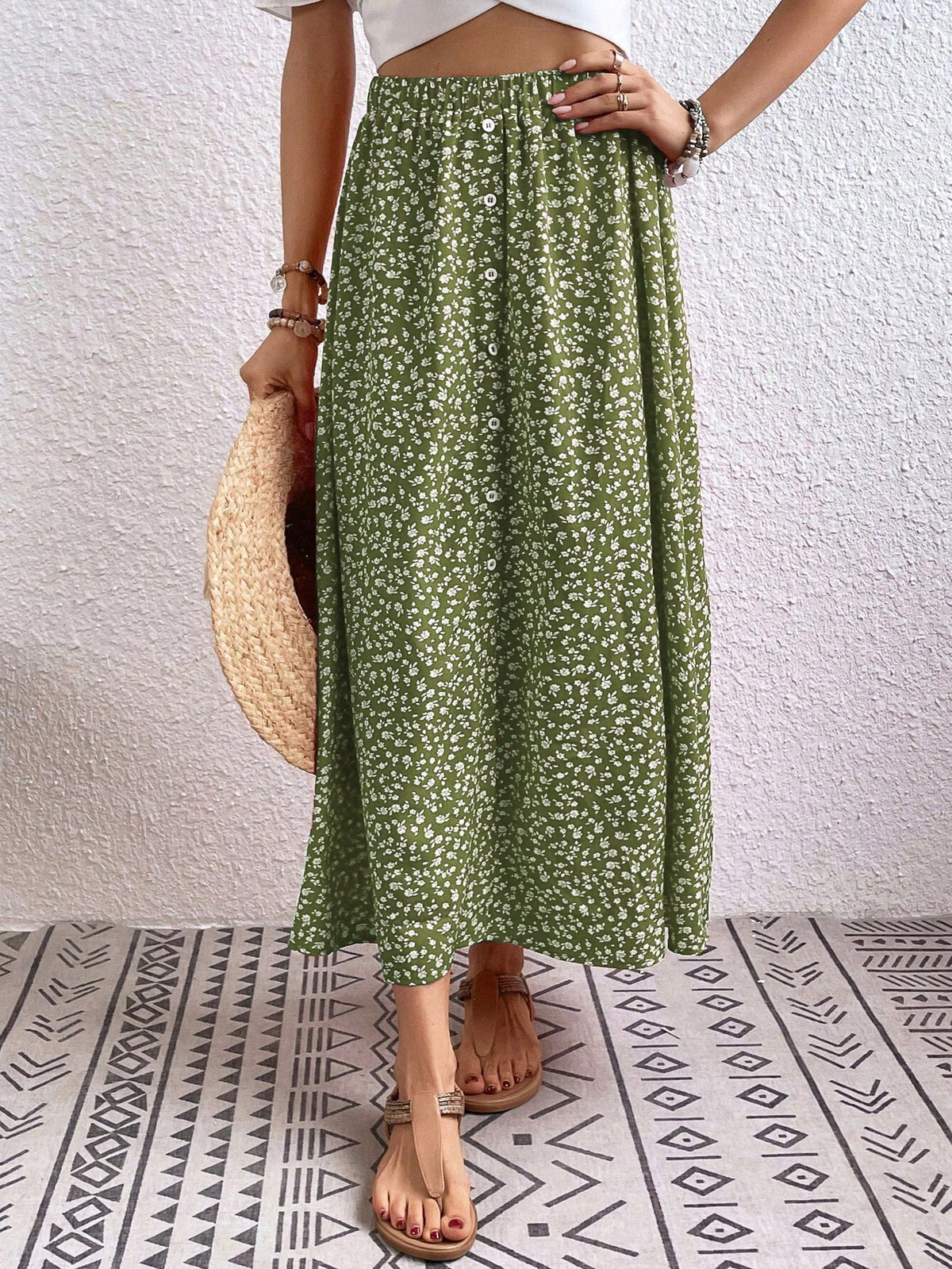 Breezaya Women's Ditsy Floral Button Design Elastic Waist Casual Midi Skirt