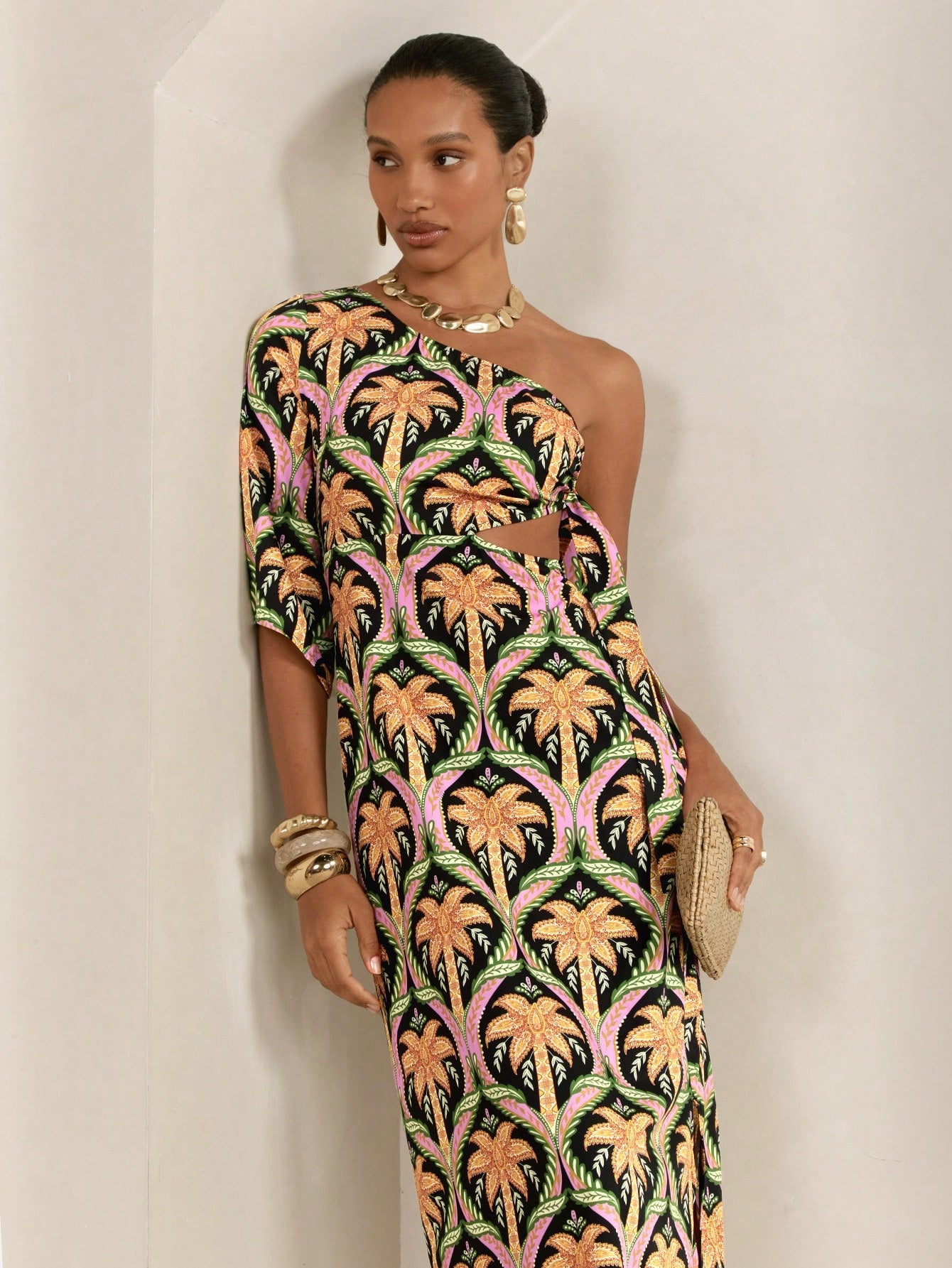 CAJUNI Women's Black Summer Tropical Palm Tree Print Asymmetric One-Shoulder Half Sleeve Side Cut-Out Long Dress,Boho Slim Fit Vacation Holiday Party Style
