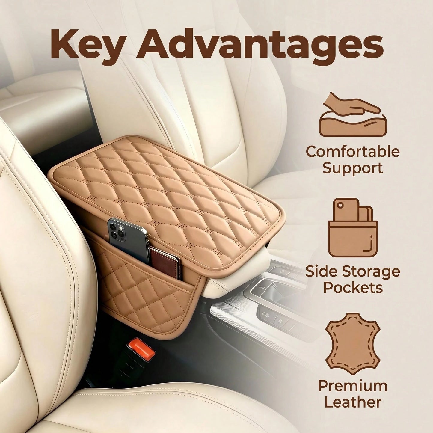 Car Armrest Pad, PU Leather, Comfortable Elbow Support, Stylish Stitching Design, Multi-Functional Storage For Phone/Cards/Wallet, Universal Fit For All Vehicles, All-Season Protection, Durable And St