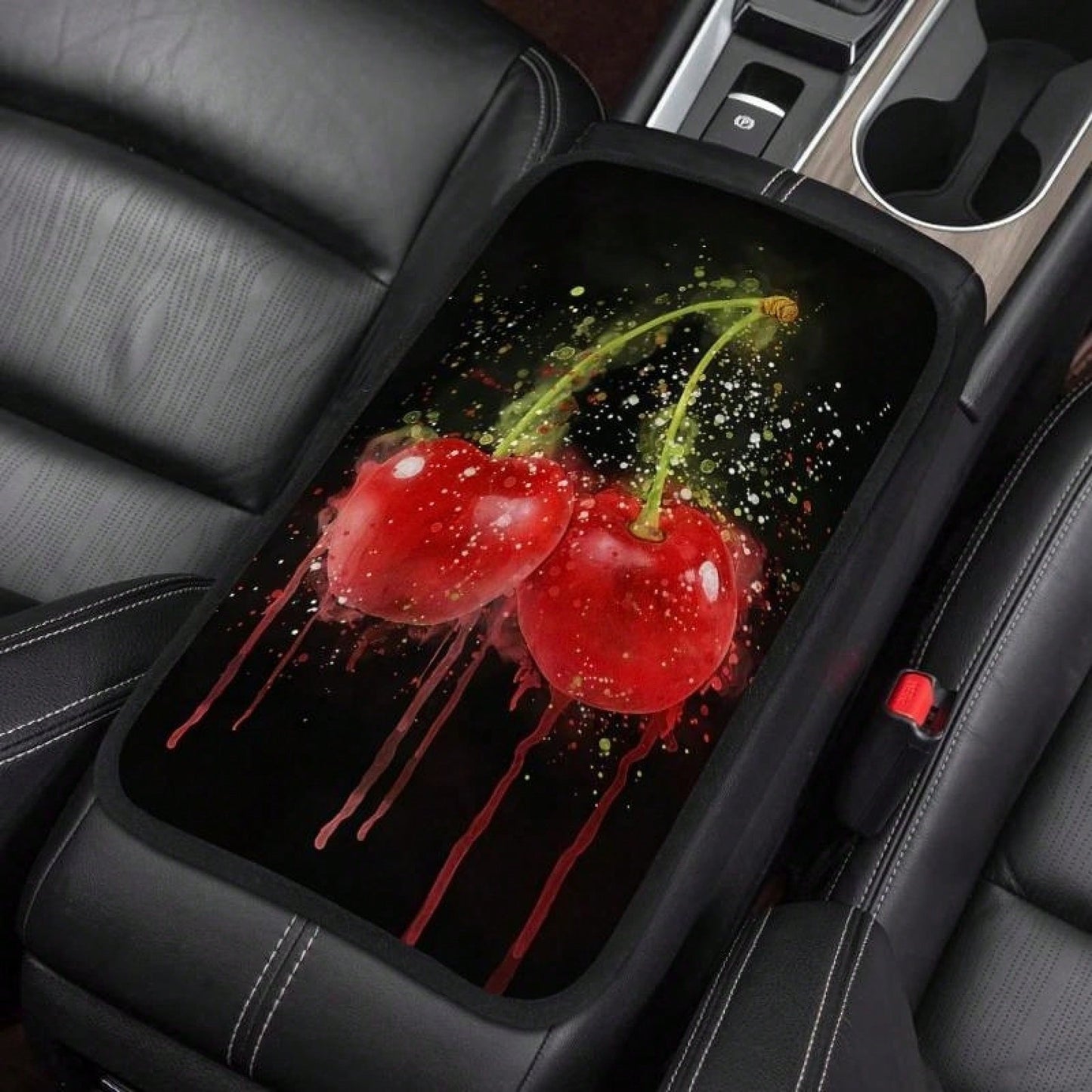 Car Center Console Mat Cherry Art Design Soft Padding Waterproof Non-Slip Easy To Clean Universally Fits SUVs/Sedans/Trucks/ Suitable For Daily Commuting And Long Trips Interior Accessory For Men And
