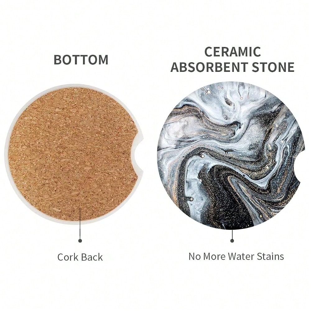 Car Coasters For Drinks Absorbent, 2 Pack Cup Holders, 2.56\ Ceramic Stone & Non-Scratch Cork Base Coasters Cupholder, Auto Accessories