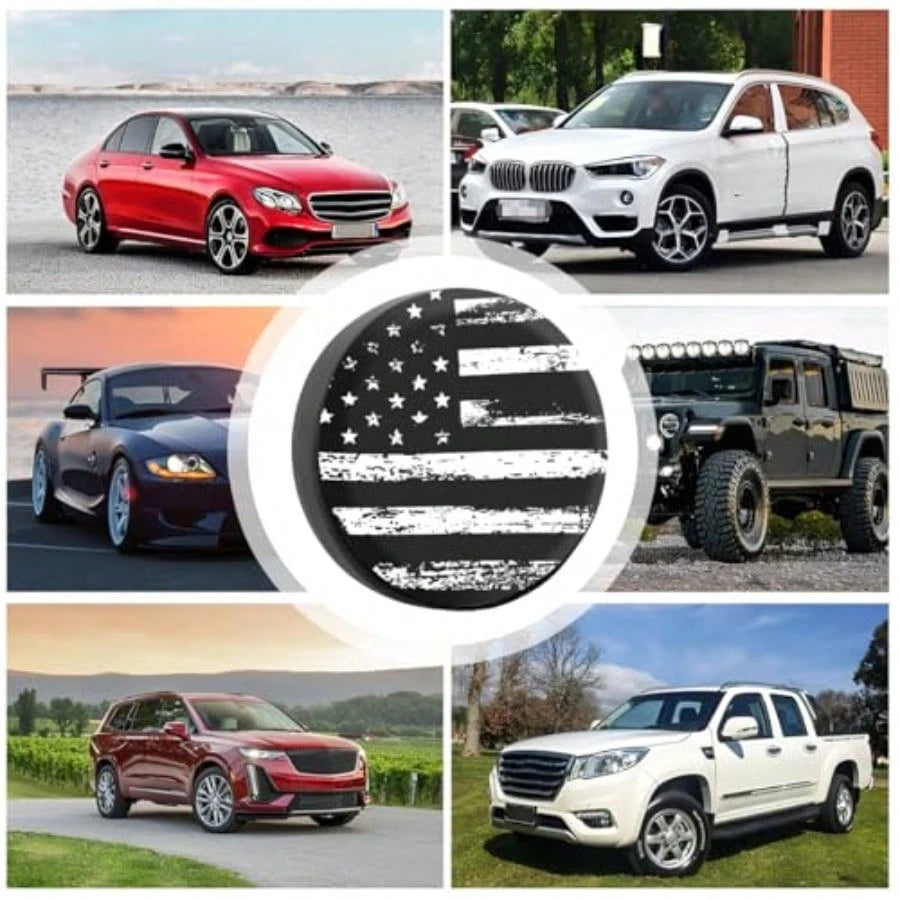 Car Spare Tire Cover, PVC American US Flag Waterproof Dust Proof Vehicle Wheel Cap, Patriotic Auto Exterior Tyre Protection Accessories, Universal For SUV Camper Truck White/14 Inches