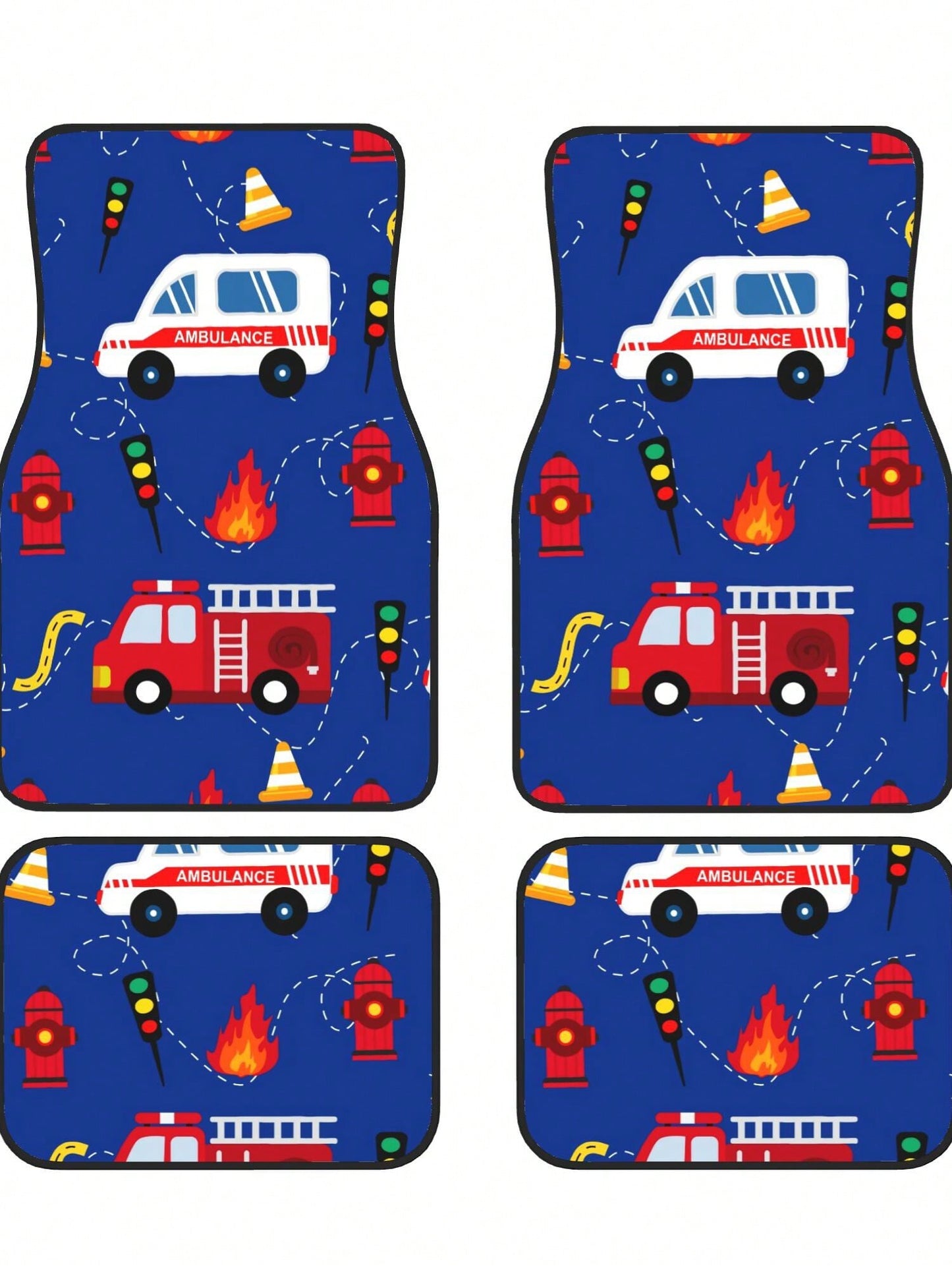 Cartoon Ambulance And Fire Truck 4-Piece Custom Printed All-Weather Floor Mats- Universal Fit For Suv, Truck, Van| Easy Clean