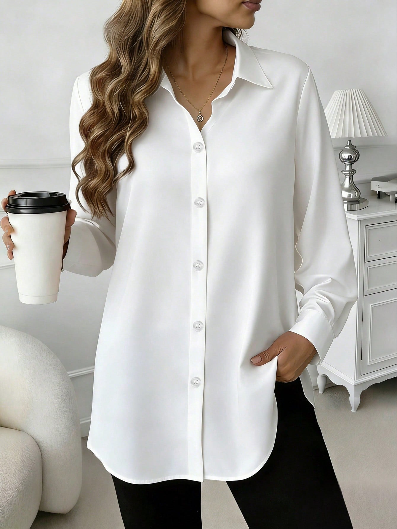 Casual Comfortable Mid-Length Button-Up Shirt, New Arrival, Suitable For All Seasons White Spring