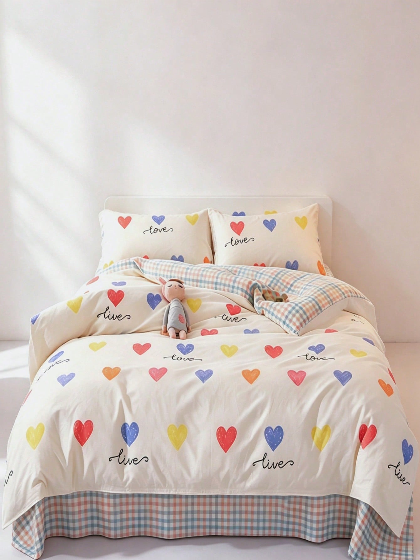 Colorful Heart Pattern Duvet Cover Queen Size- Soft Double Brushed Bedding Set For Girls& Adults, Zipper Closure, 3 Pieces, Includes 1 Duvet Cover (90"X90") & 2 Pillow Shams, NO Comforter