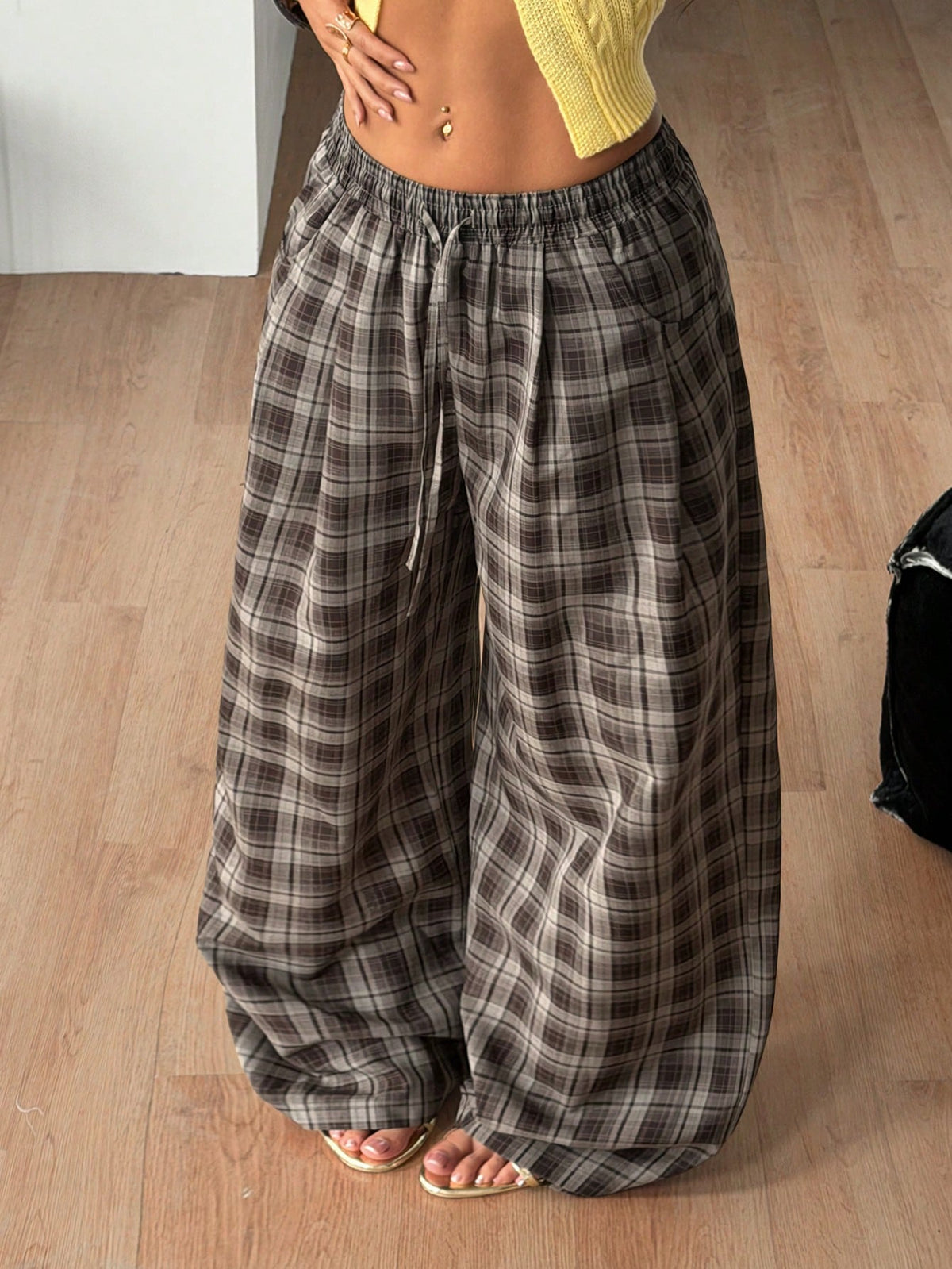 Coolane Women's Autumn Streetwear Casual Back-To-School Boho Outfits Basic Daily Wear Linen Comfortable Low Rise Baggy Grey Plaid Plaid Pants Work Date