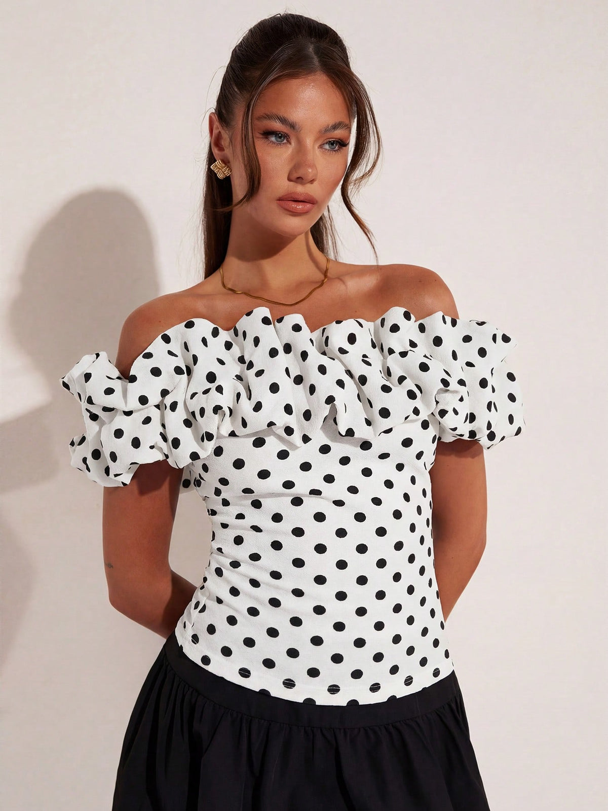 COSMINA Women's Elegant Vacation White With Black Polka Dots Shoulder Top, Summer, Women's Tops, Ruffle, Off The, Latest For Women, Tea Party